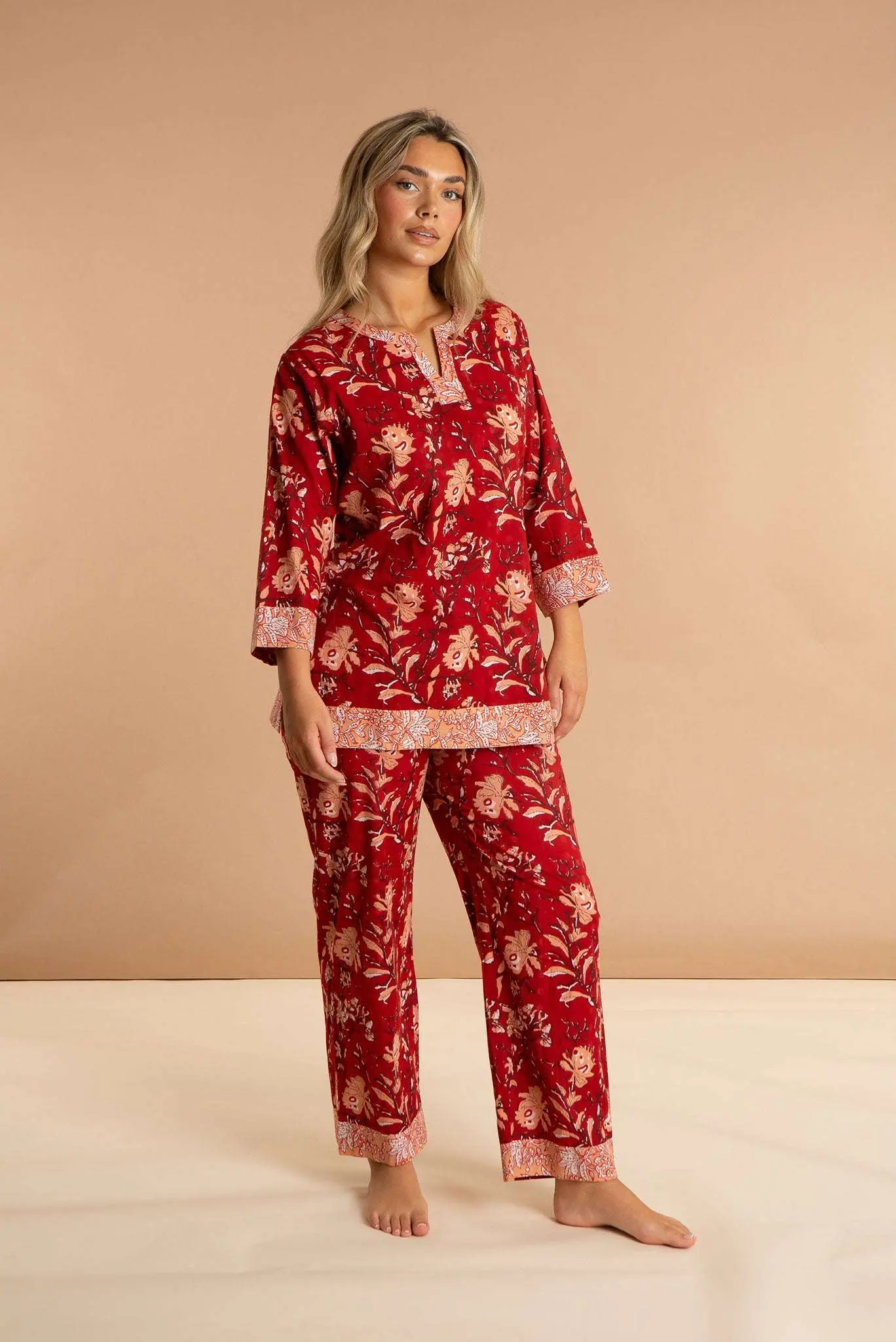 Red Rubra Women's Floral Cotton Pyjama Trouser Set - Image 5