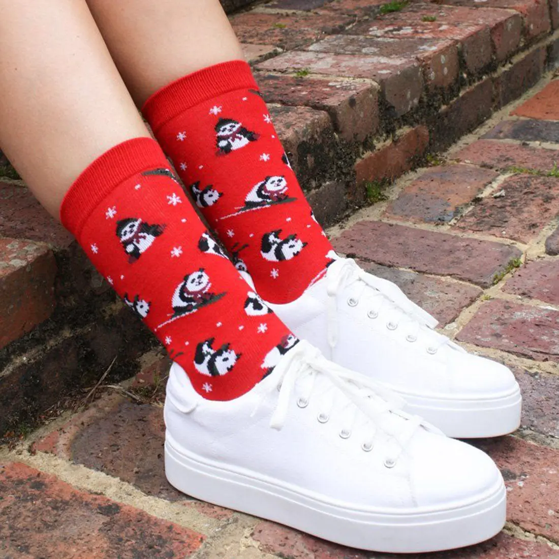 Red Skiing Panda Bamboo Socks - Image 3
