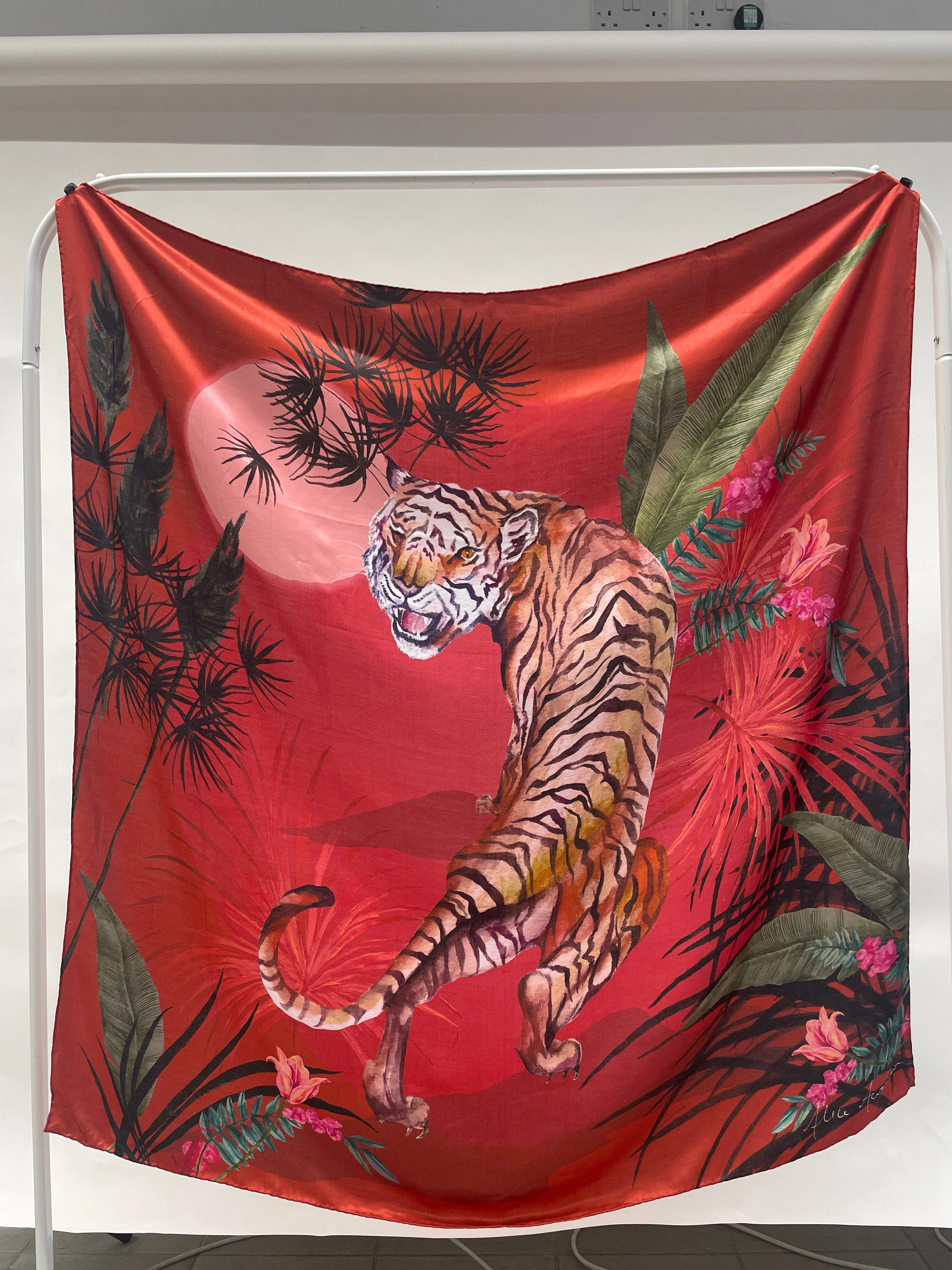 Red tiger print large silk scarf