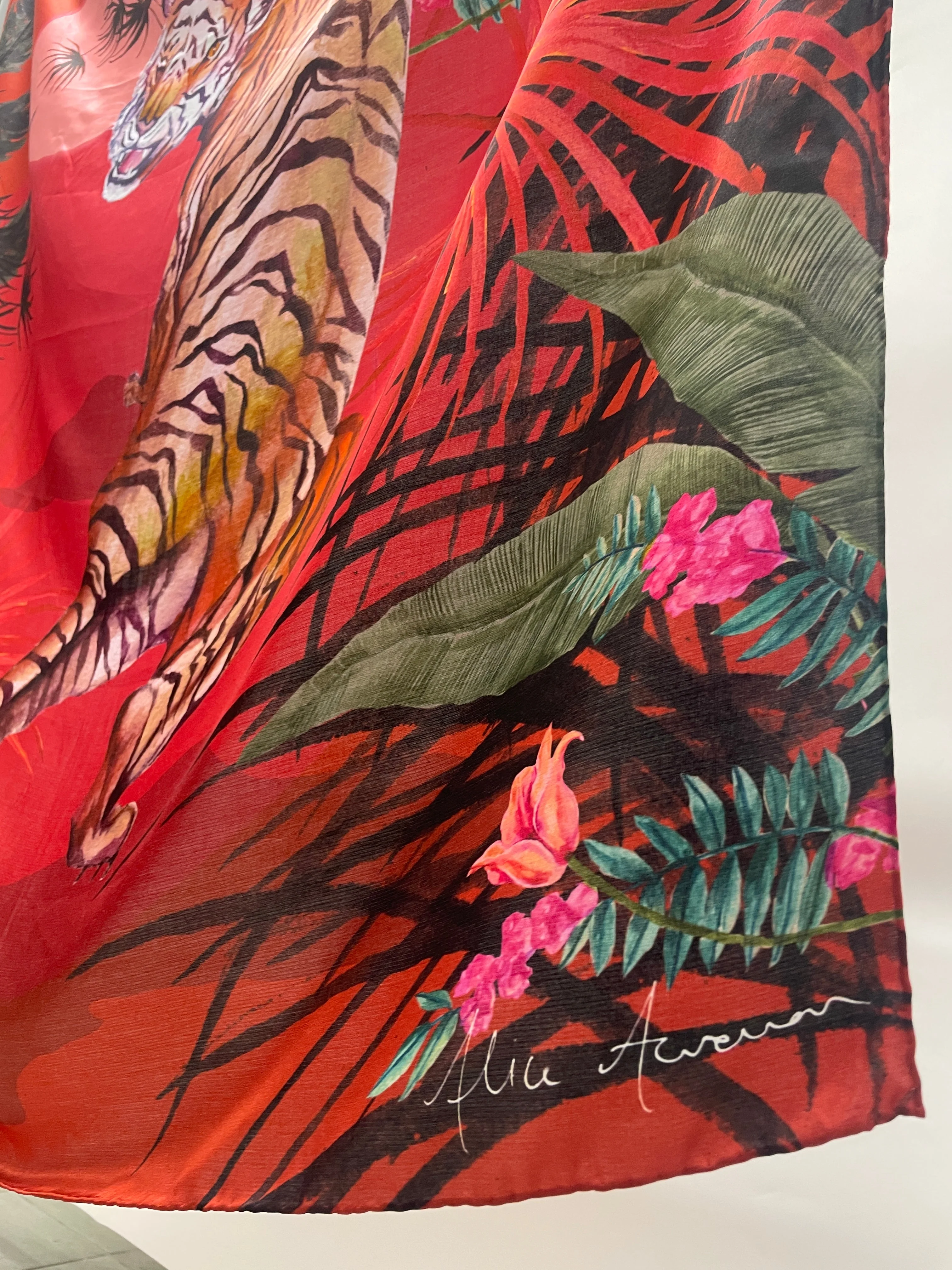Red tiger print large silk scarf - Image 2