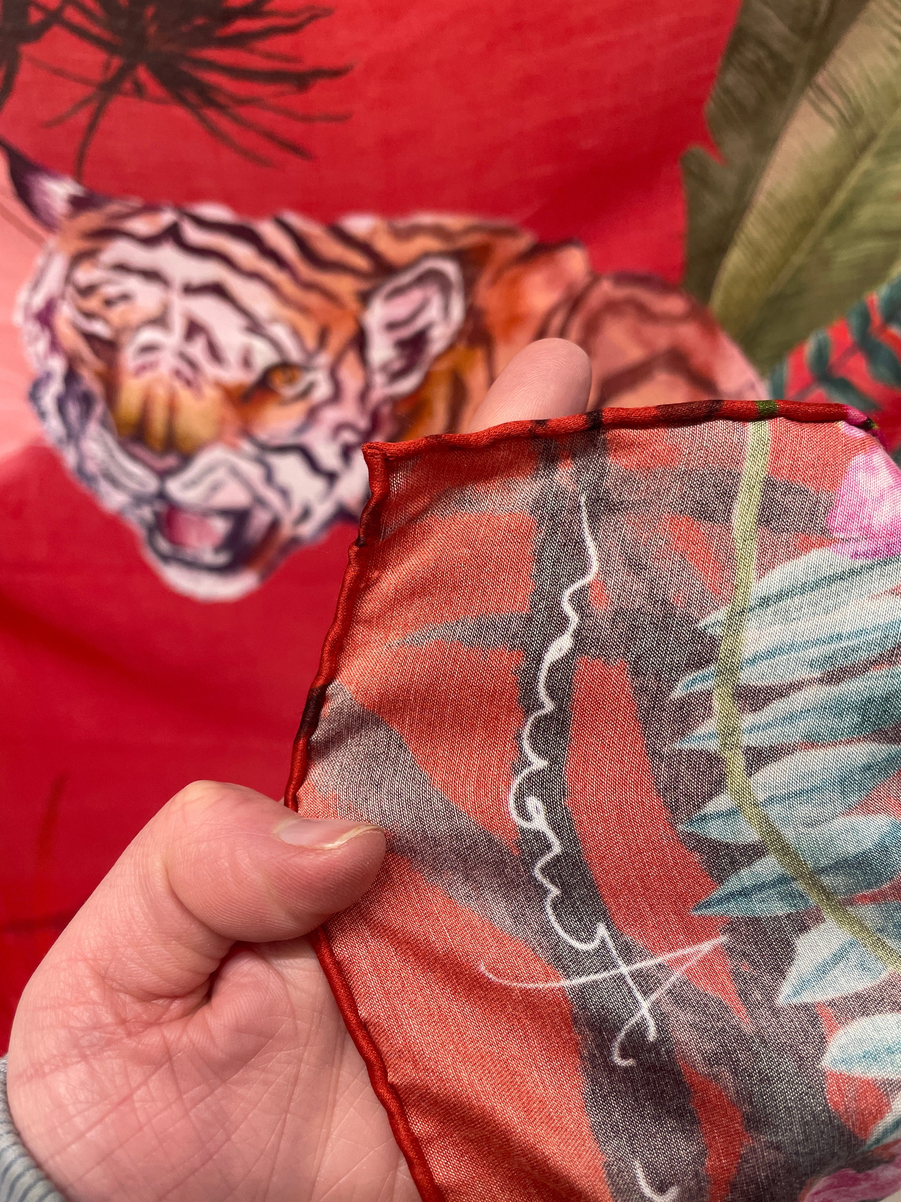 Red tiger print large silk scarf - Image 4