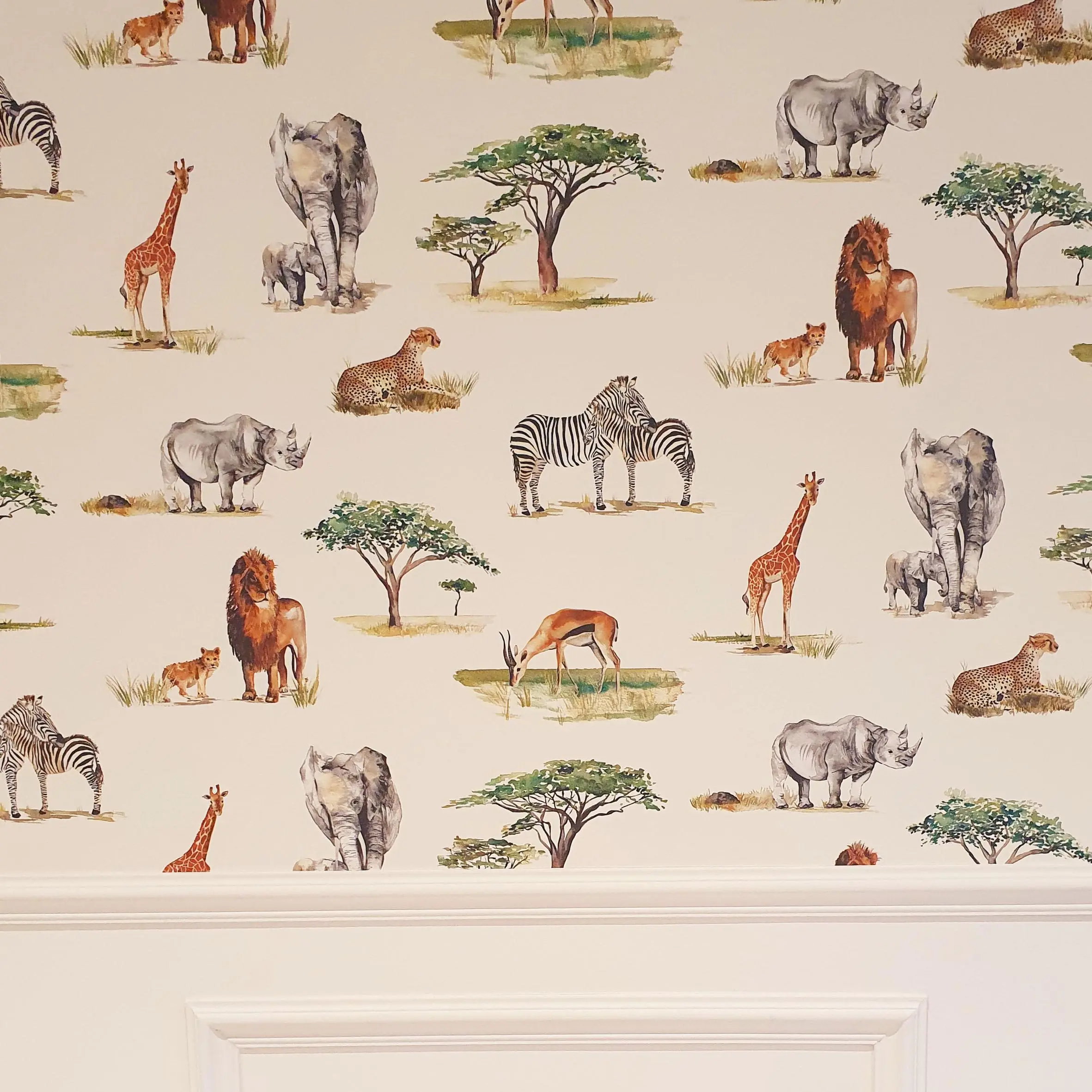 Safari Animals Hand-Designed Children's Wallpaper - Blue, Cream and Grey Colour Options - Image 2