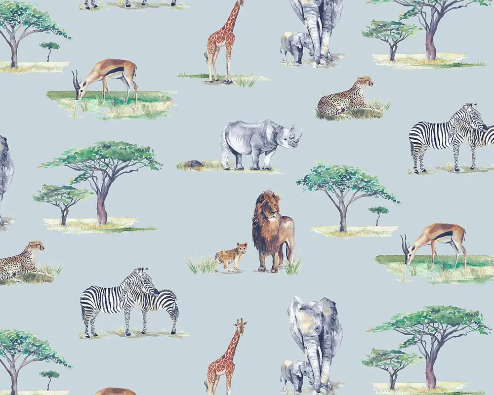 Safari Animals Hand-Designed Children's Wallpaper - Blue, Cream and Grey Colour Options - Image 4