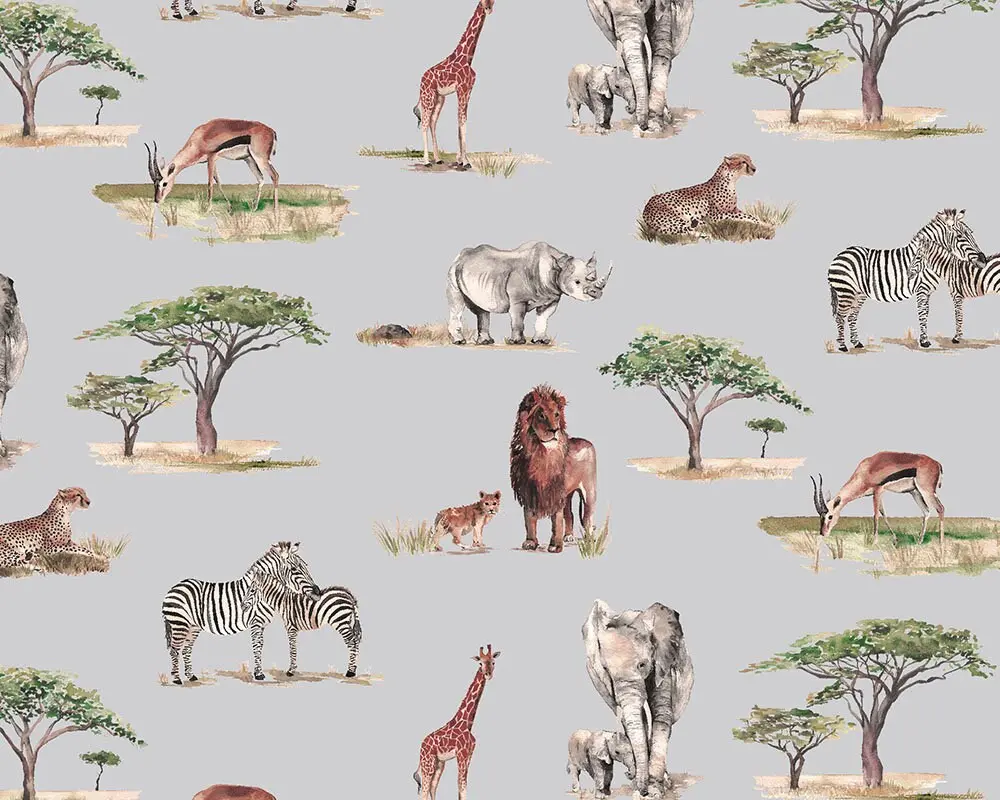 Safari Animals Hand-Designed Children's Wallpaper - Blue, Cream and Grey Colour Options - Image 6