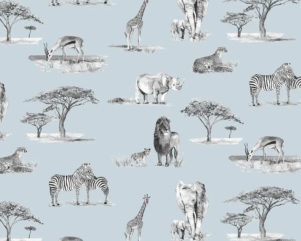 Safari Animals Hand-Designed Children's Wallpaper - Blue, Cream and Grey Colour Options - Image 7