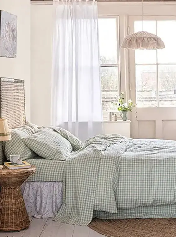 Sage Green Gingham Linen Blend Duvet Cover
