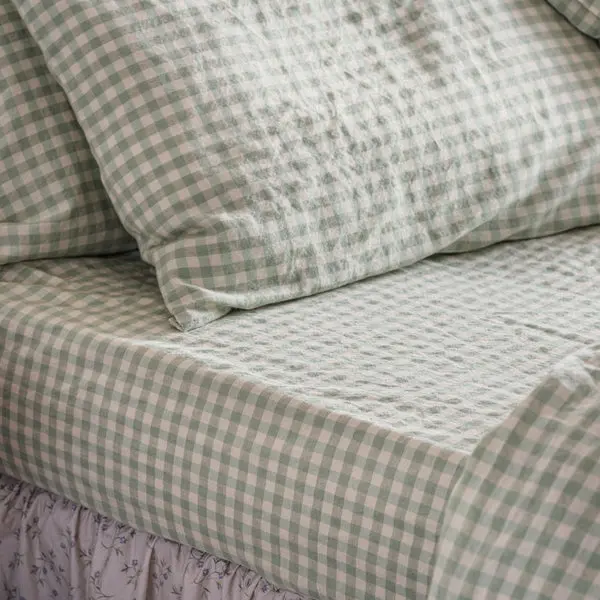 Sage Green Gingham Linen Blend Fitted Sheet