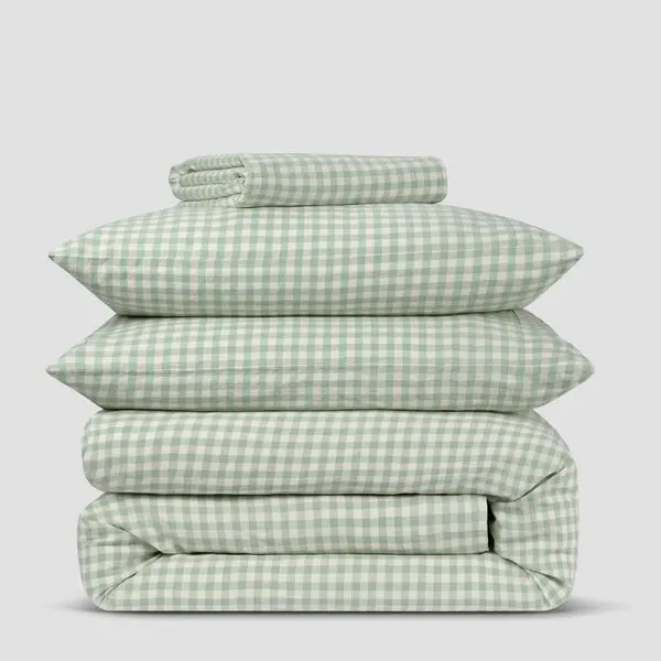 Sage Green Gingham Linen Blend Fitted Sheet - Image 5