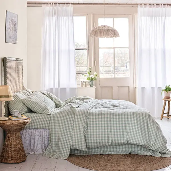 Sage Green Gingham Linen Blend Flat Sheet - Image 4