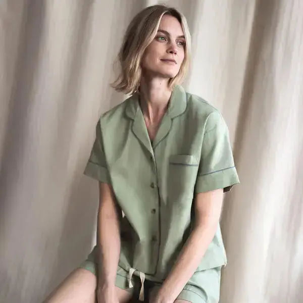 Sage Green Linen Blend Women's Pyjama Shorts Set - Image 2
