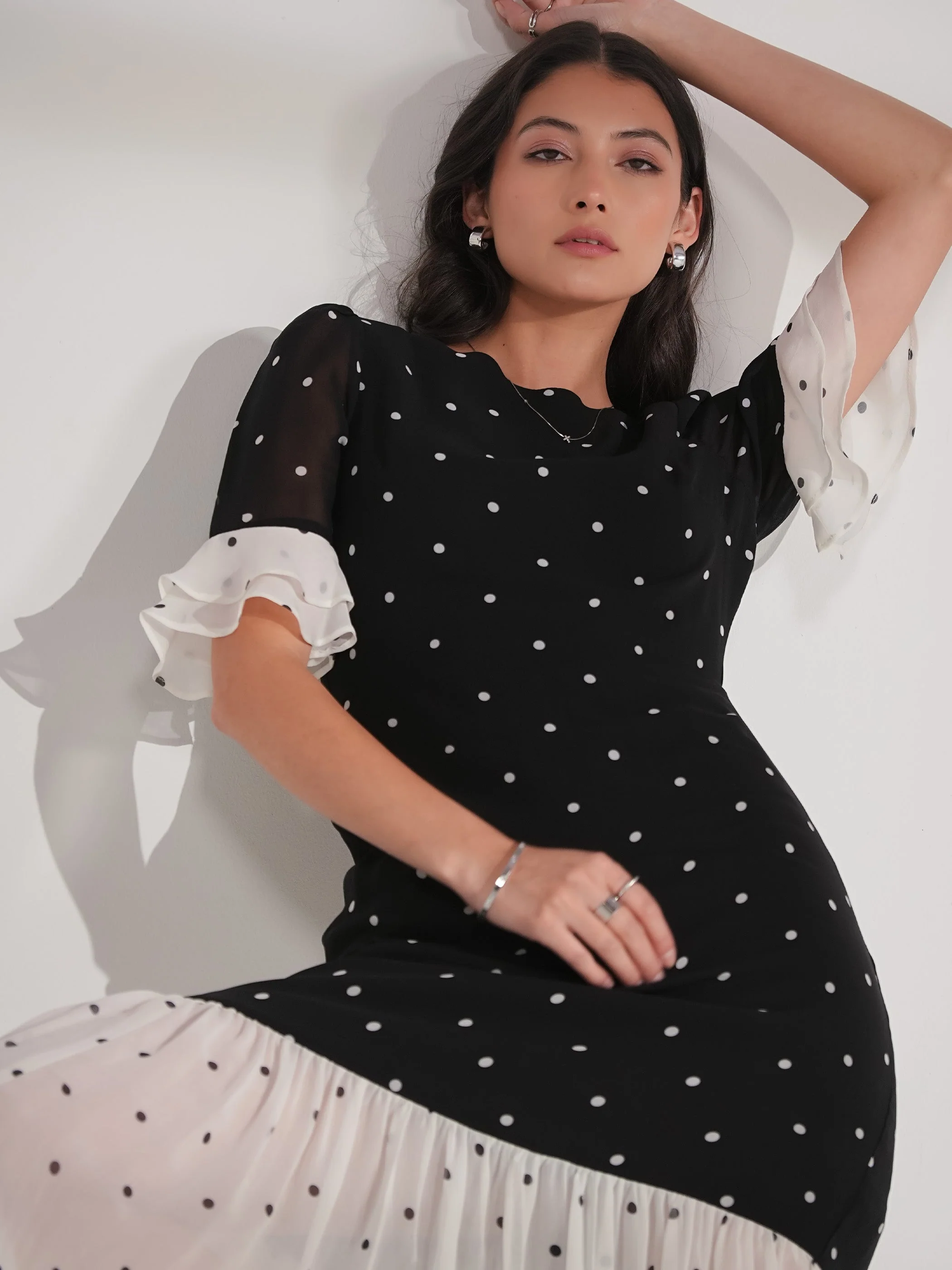 Saphi Black and White Pindot Spot Midi Dress - Image 3