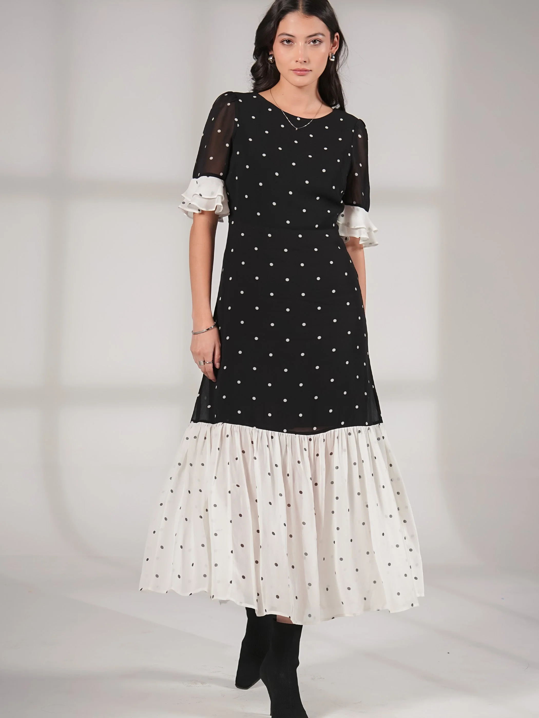 Saphi Black and White Pindot Spot Midi Dress - Image 5