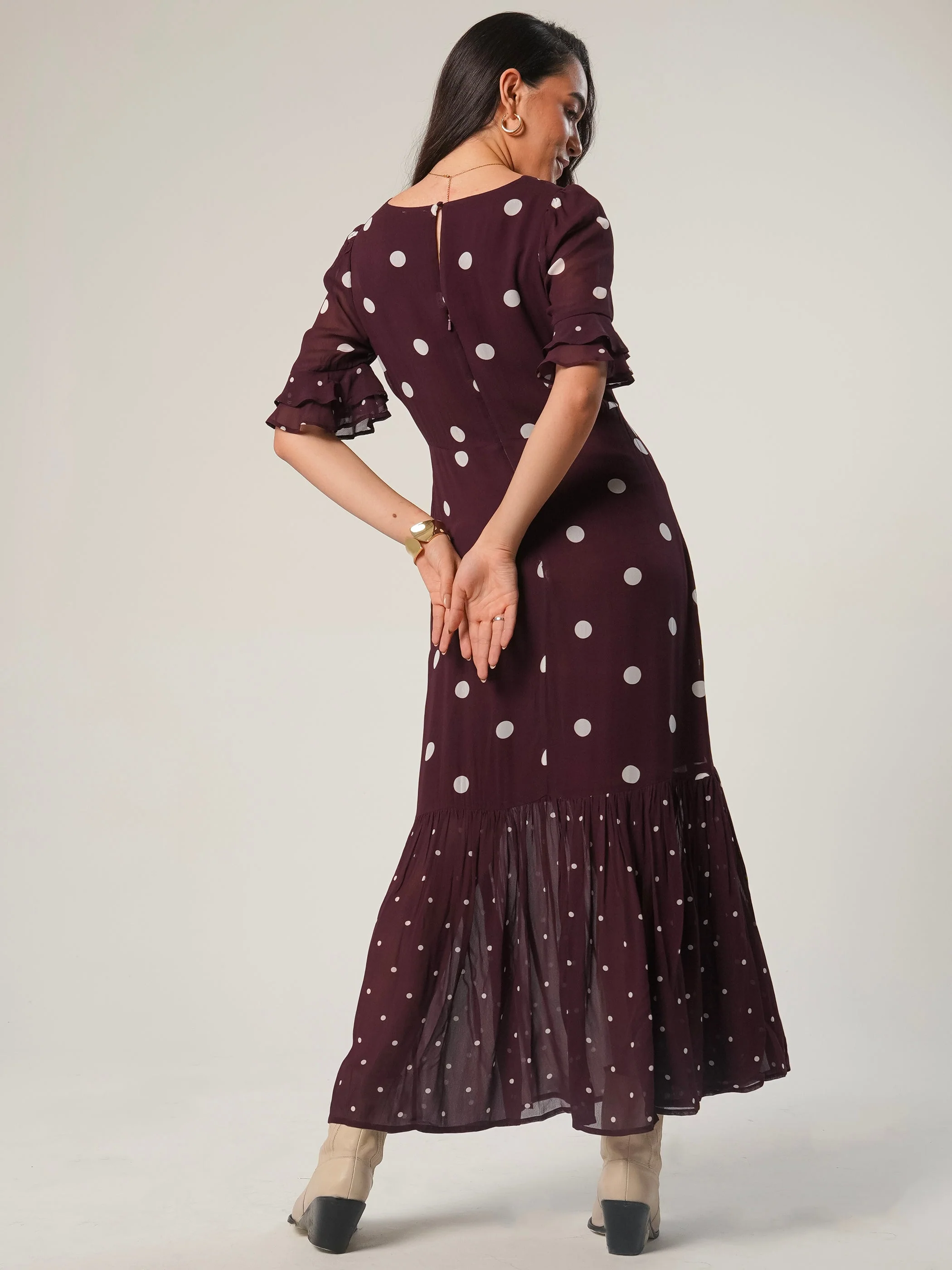 Saphi Burgundy Polka Dot Print Maxi Dress - Image 4