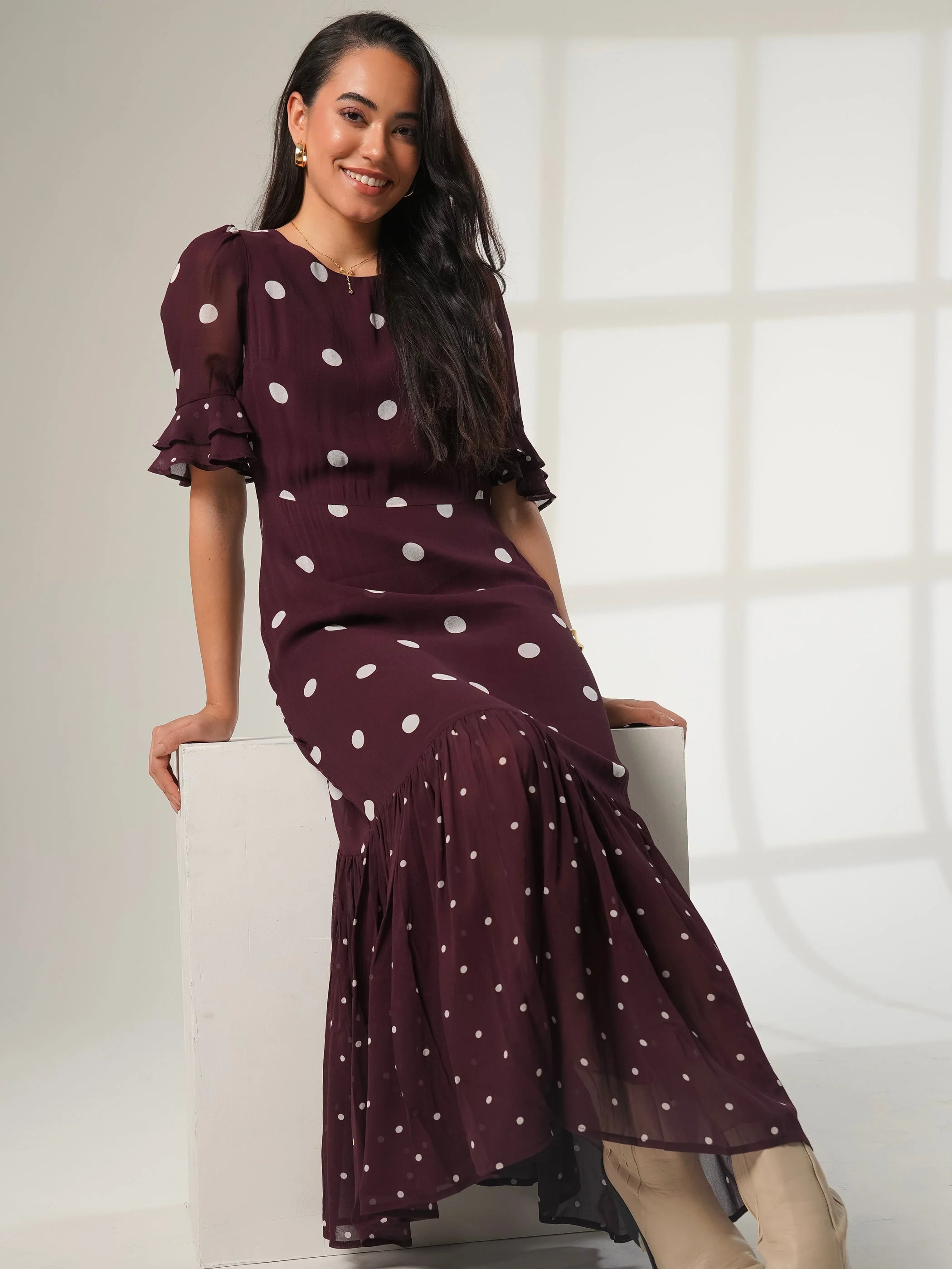 Saphi Burgundy Polka Dot Print Maxi Dress - Image 5