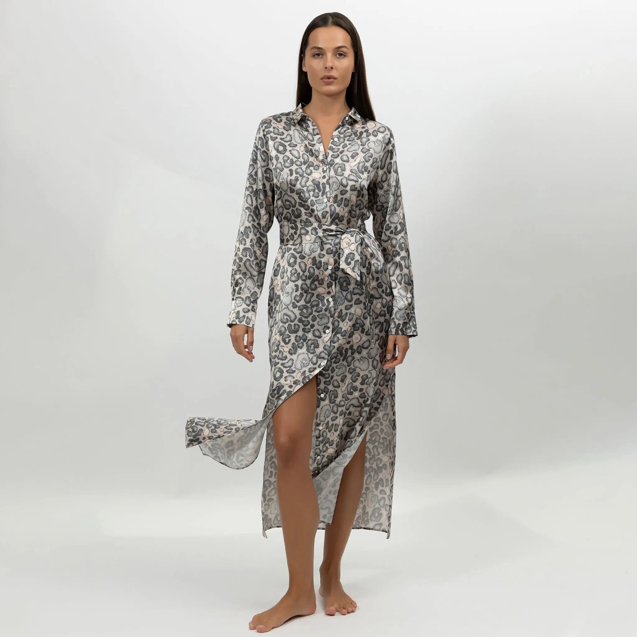 Silk Button-down Long Shirt Dress Animal Print