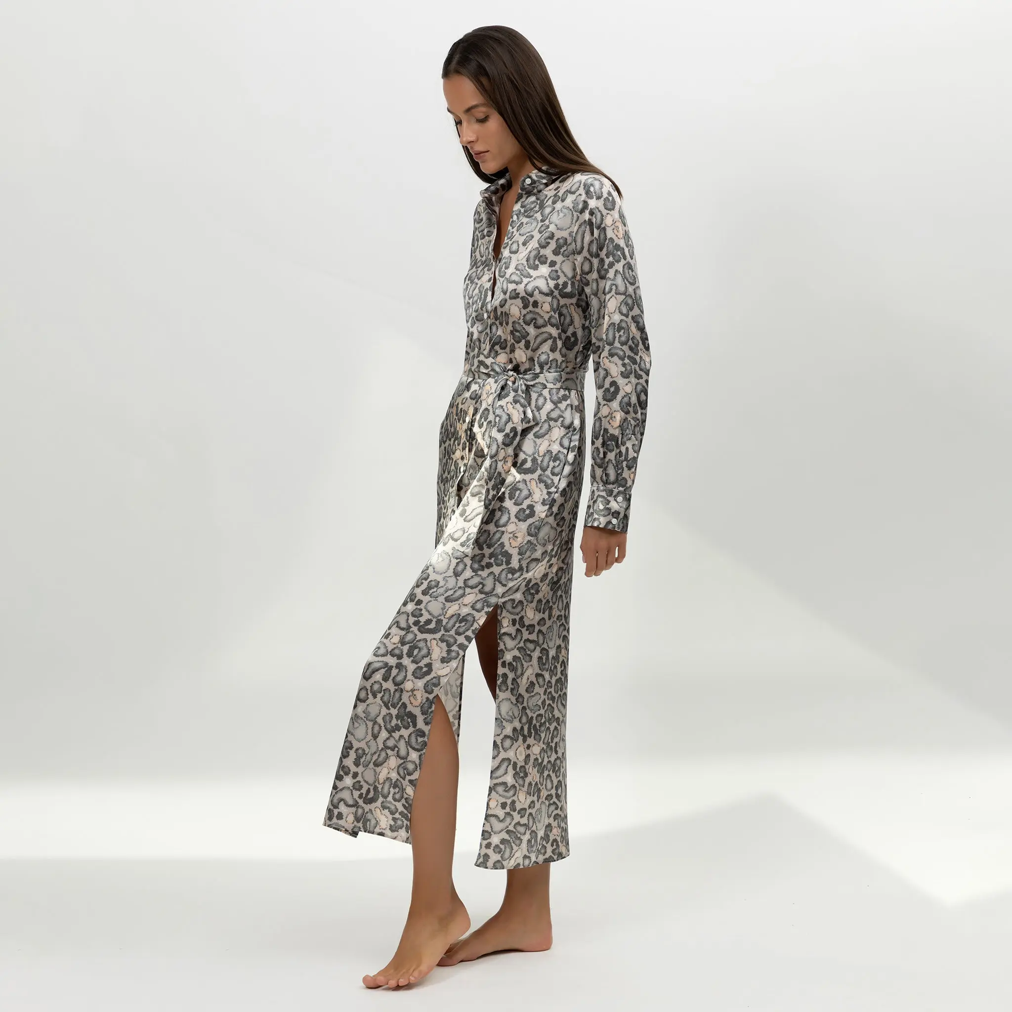 Silk Button-down Long Shirt Dress Animal Print - Image 5