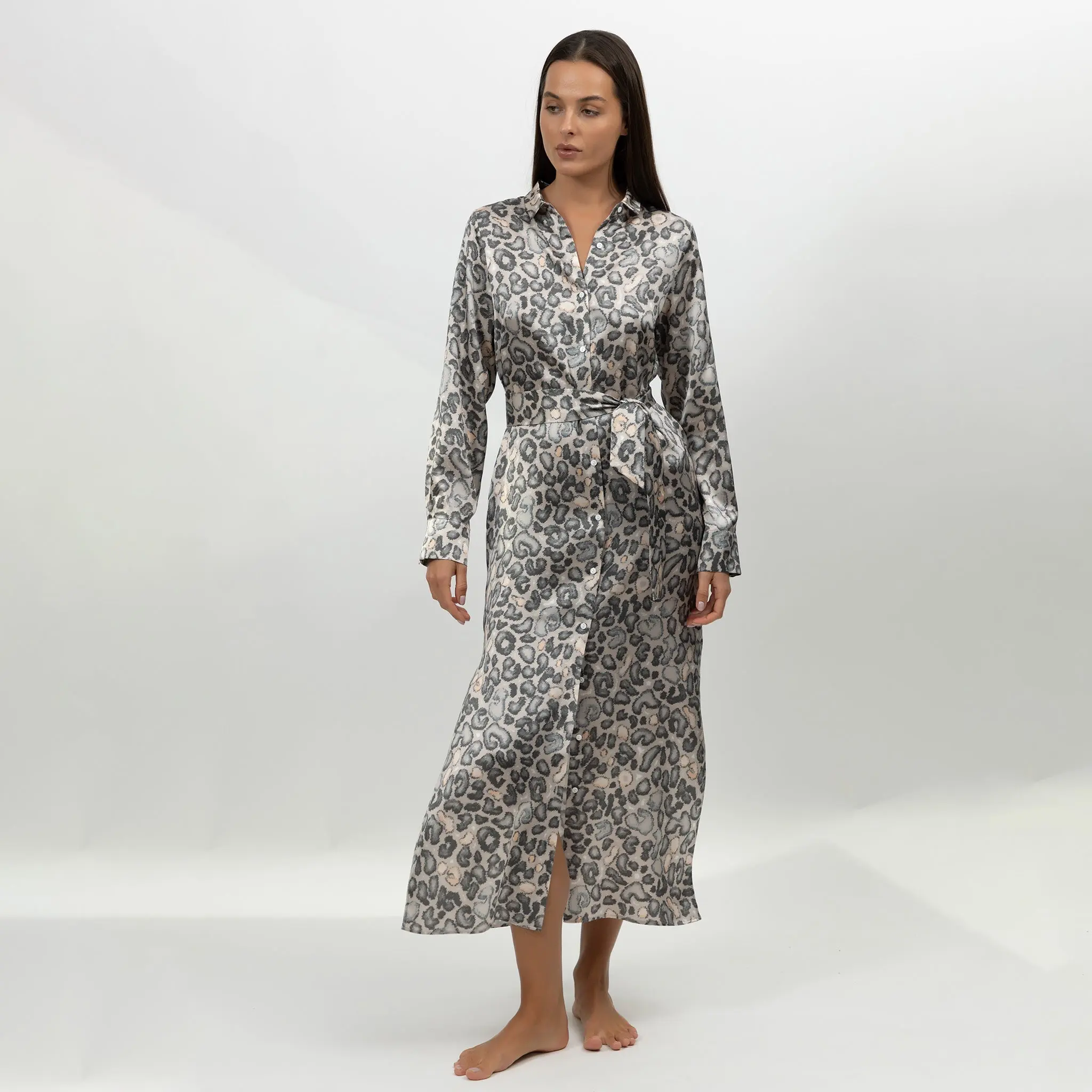 Silk Button-down Long Shirt Dress Animal Print - Image 6
