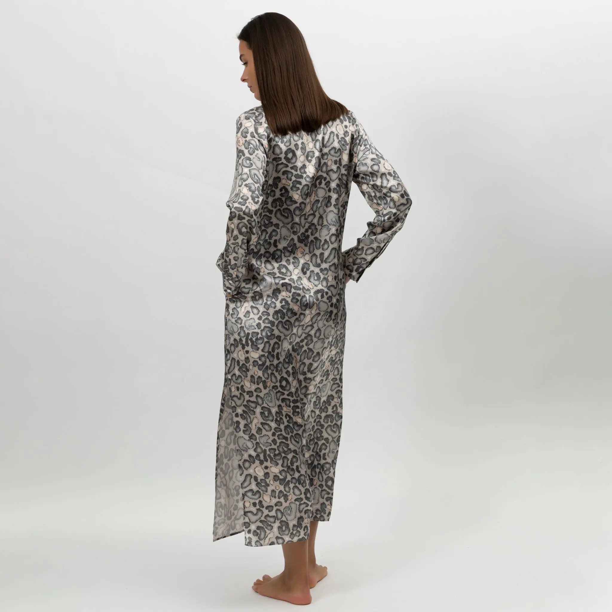 Silk Button-down Long Shirt Dress Animal Print - Image 7