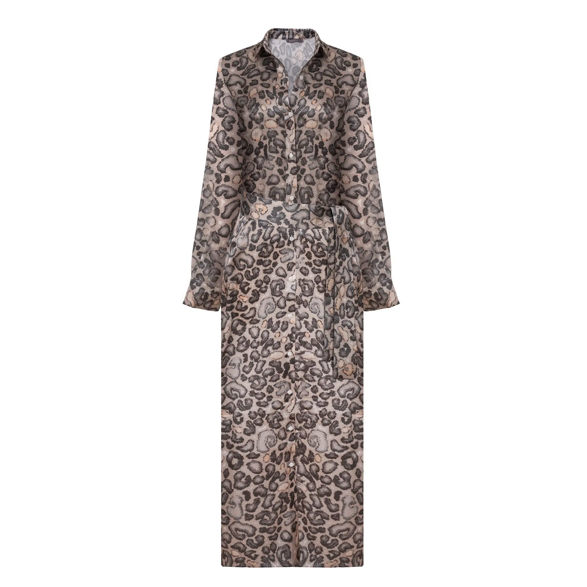 Silk Button-down Long Shirt Dress Animal Print - Image 9