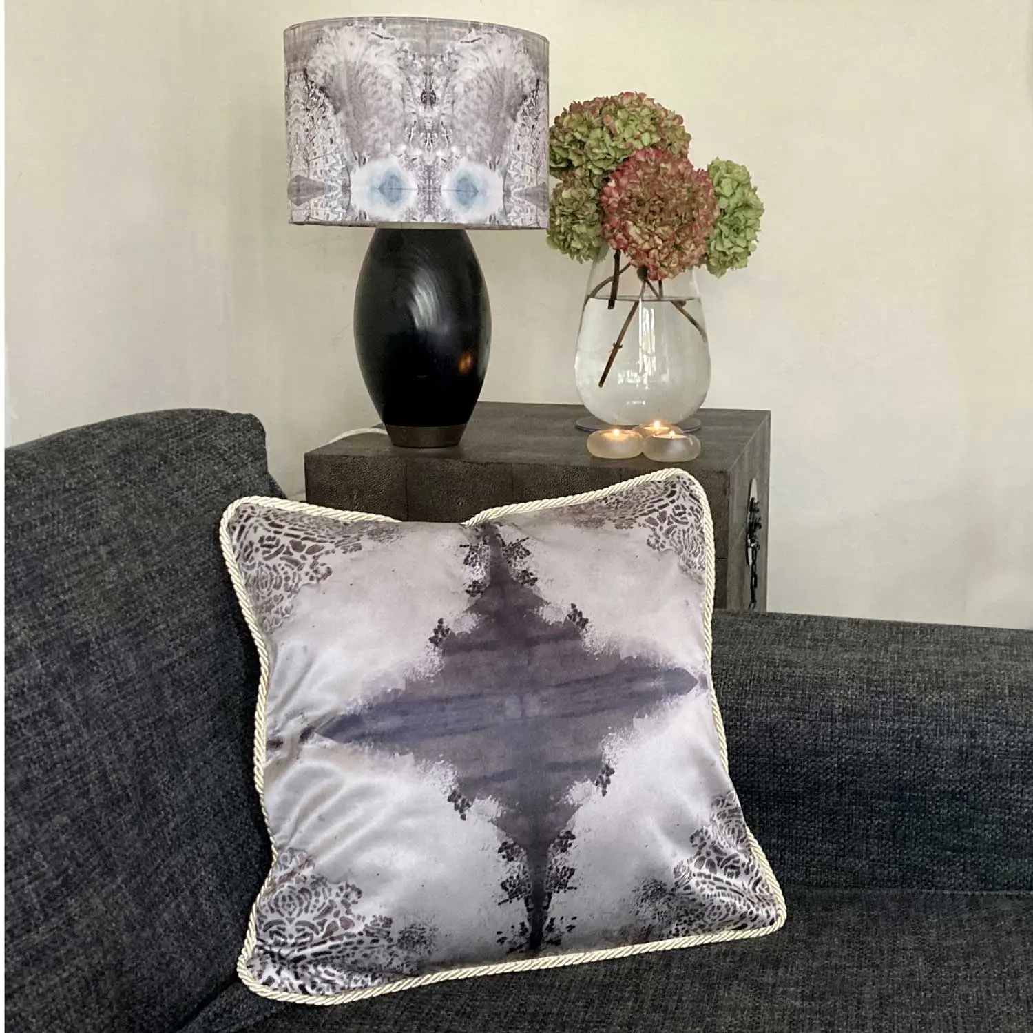 Silk Cushion - Burano Lace White And Purple Greys - Image 2