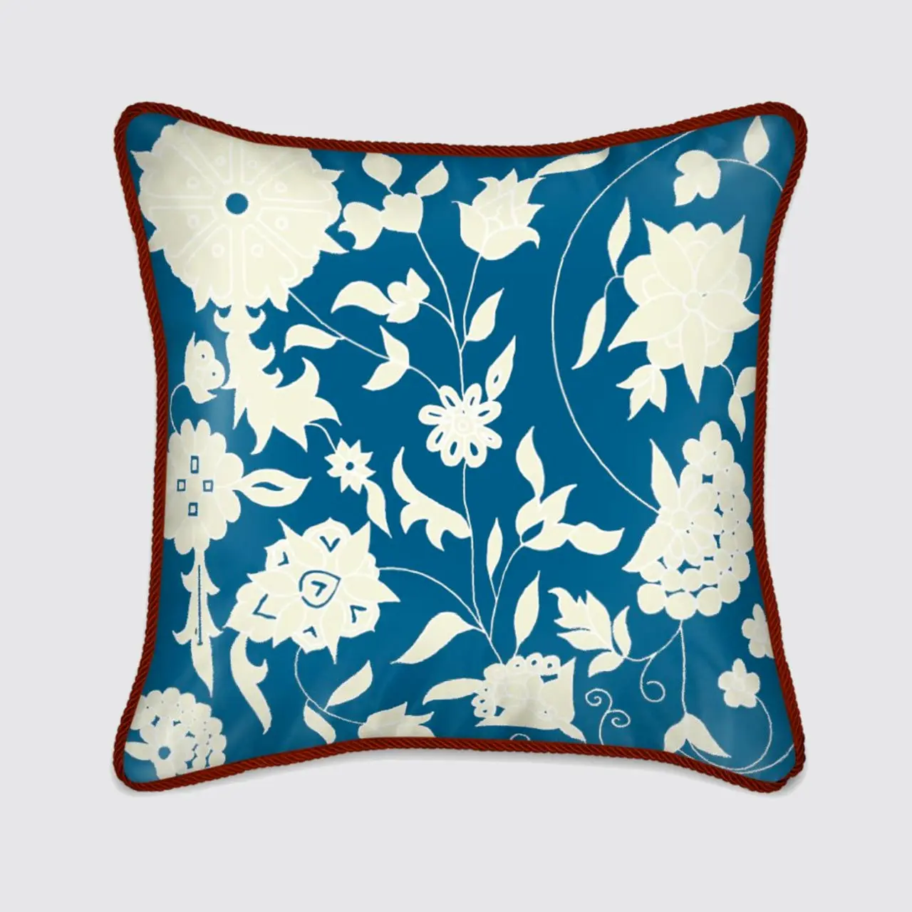 Silk Cushion - Cream Carpet Flowers on Teal - Image 3