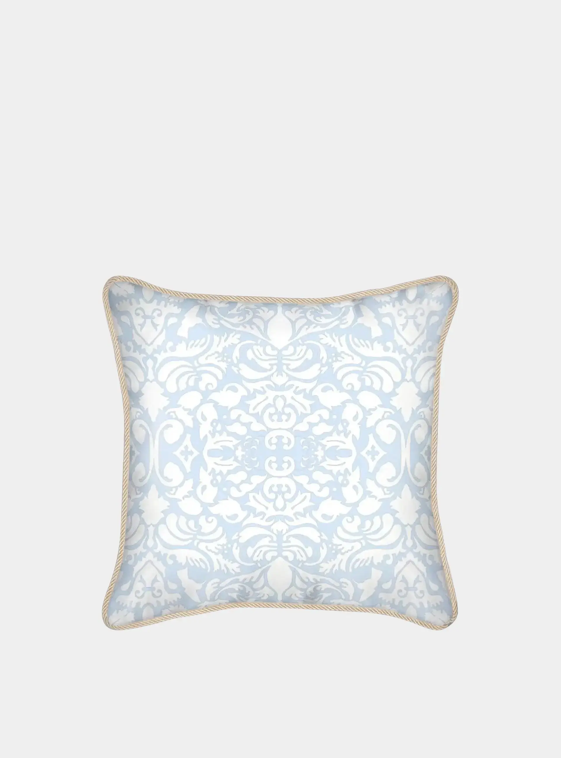 Silk Cushion - White Hummingbird Damask on Pale Blue