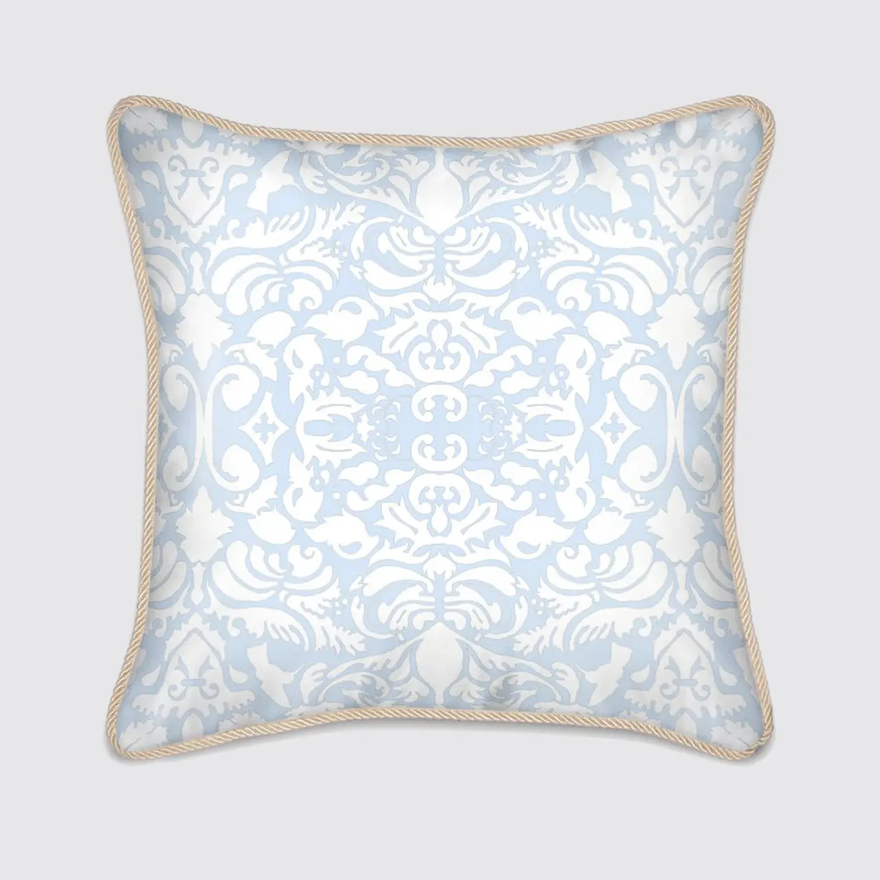 Silk Cushion - White Hummingbird Damask on Pale Blue - Image 2