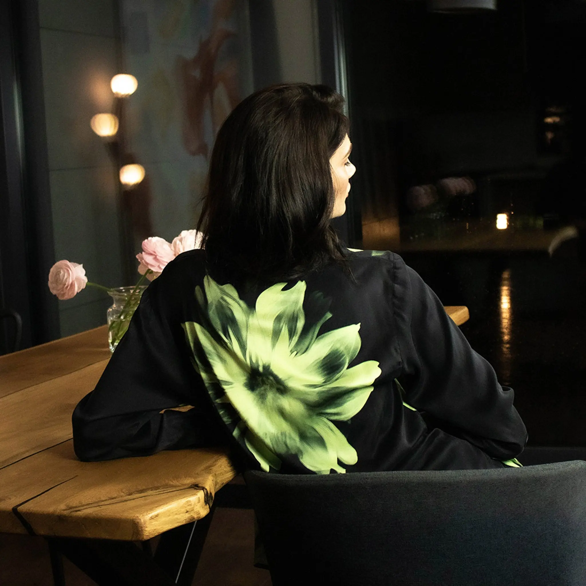 Silk Dreamscape Pyjama Shirt Black Flower - Image 2
