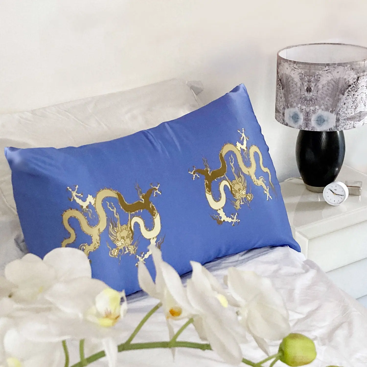 Silk Pillowcase - Blue With Golden Dragon Design - Image 2