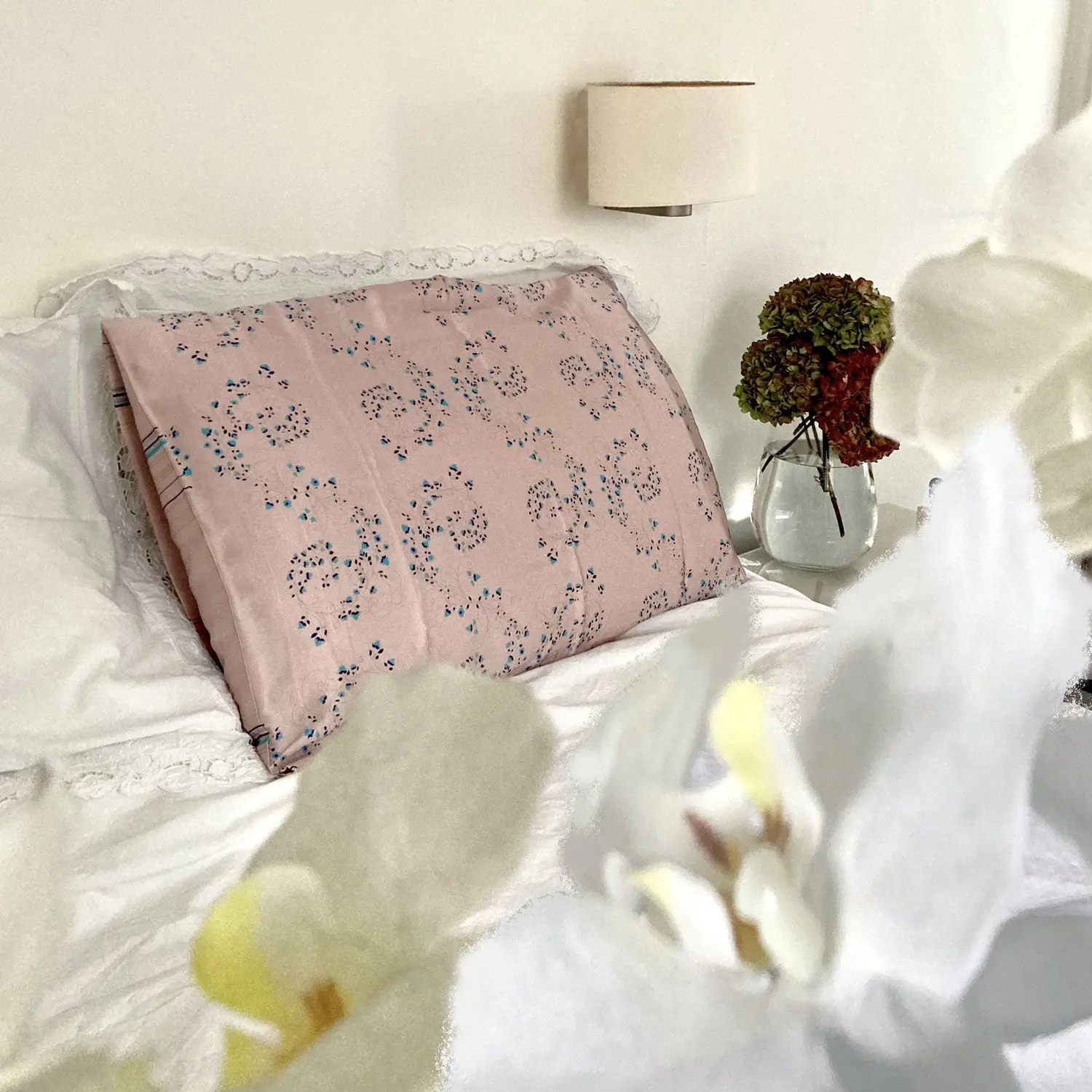 Silk Pillowcase - Pink With Fibonacci Turquoise Flowers - Image 2