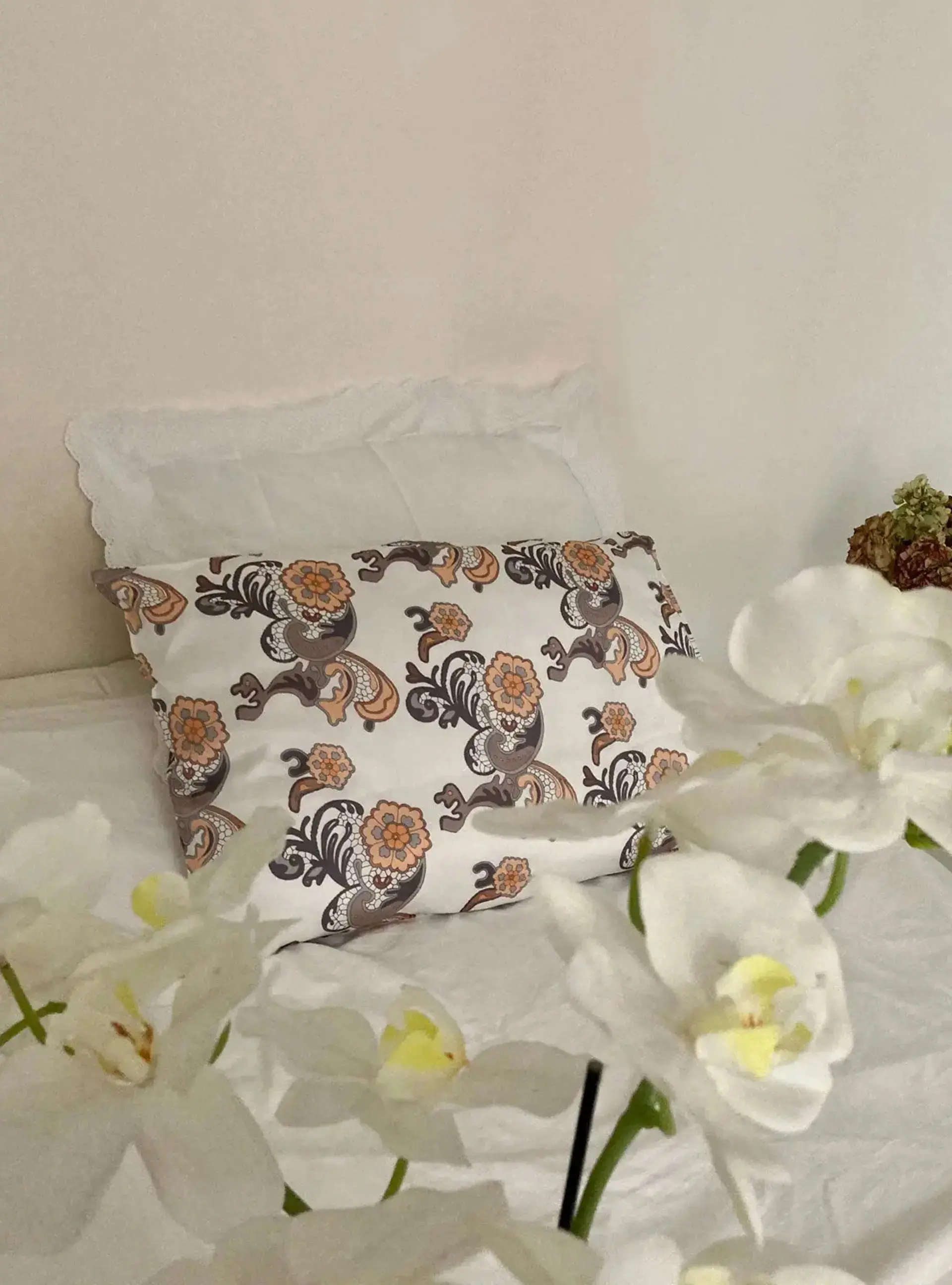 Silk Pillowcase With Orange And Tan Flower Lace Pattern