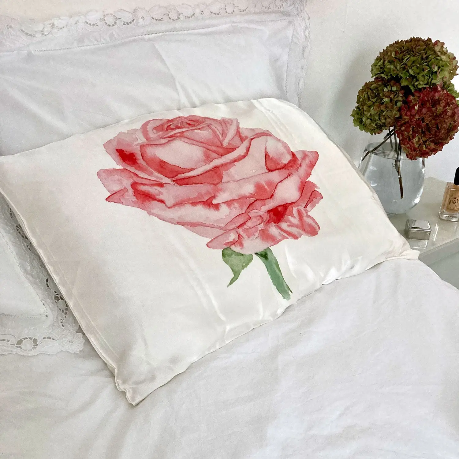 Silk Pillowcase With Red Watercolour Rose - Image 2