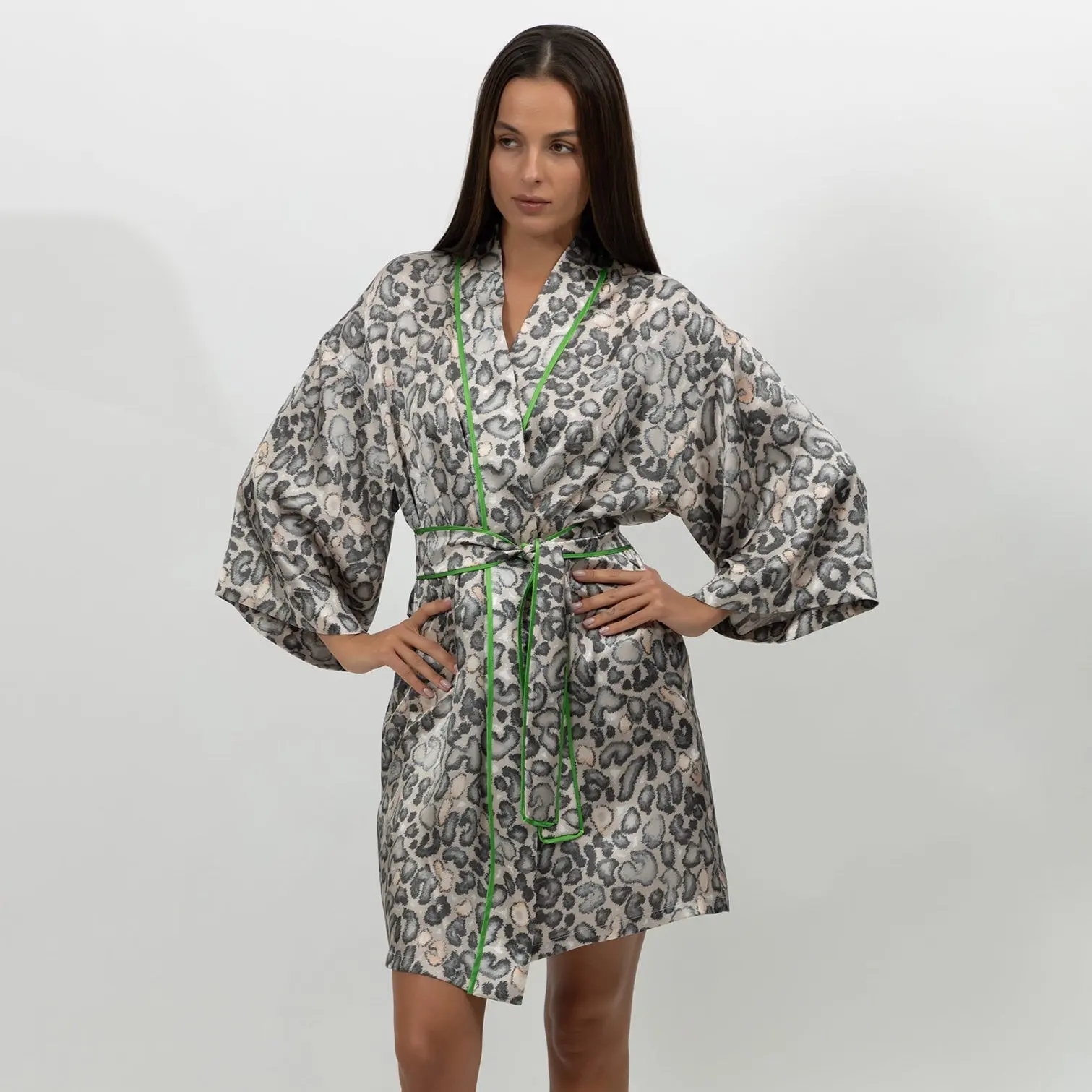 Silk Short Kimono Robe Animal Print - Image 2