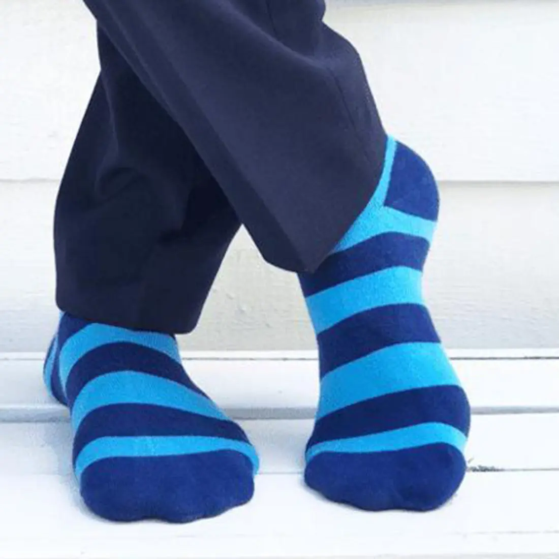 Sky Blue Striped Bamboo Socks (Comfort Cuff) - Image 2
