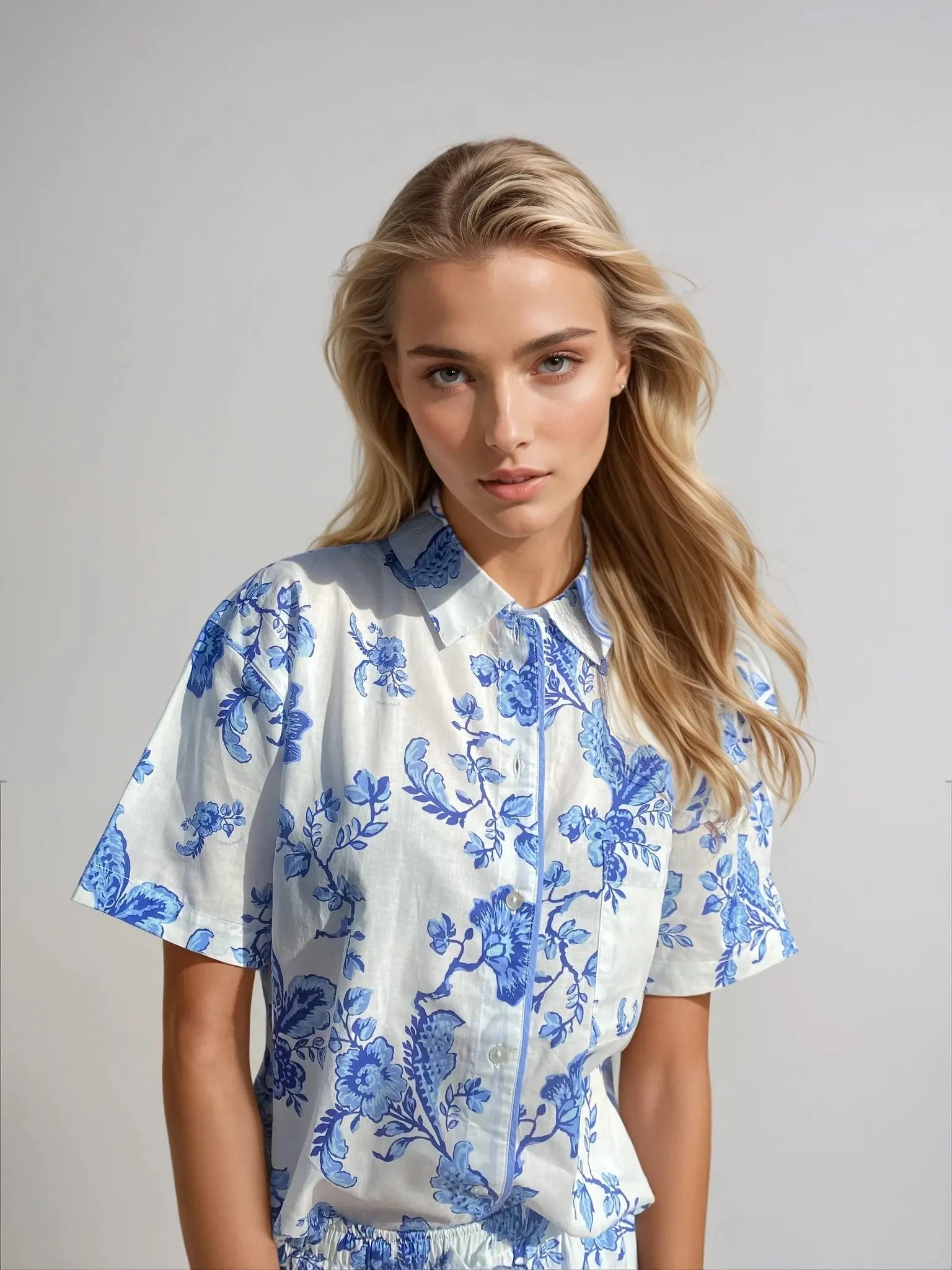 St. Ignacio Short Sleeve Pyjama Set — Organic Cotton, White/Blue Print - Image 3