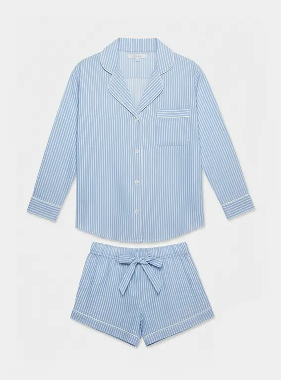 Blue Stripe Women's Long Sleeve Organic Cotton Pyjama Short Set