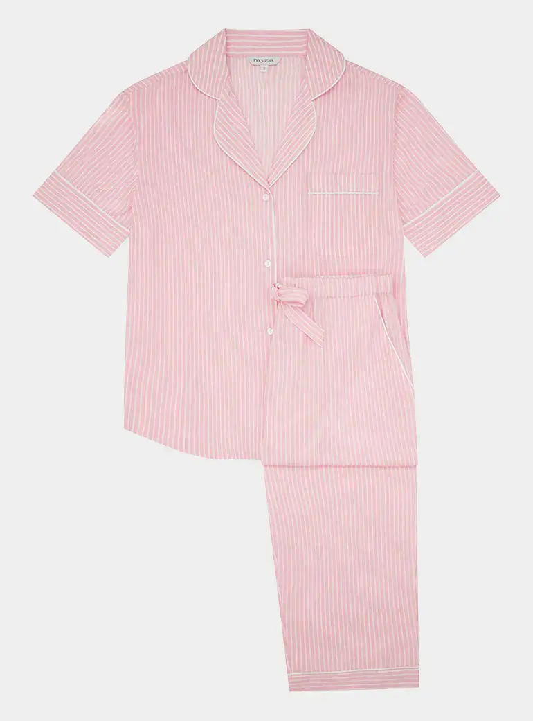 Pink Stripe Women's Short Sleeve Organic Cotton Pyjama Trouser Set