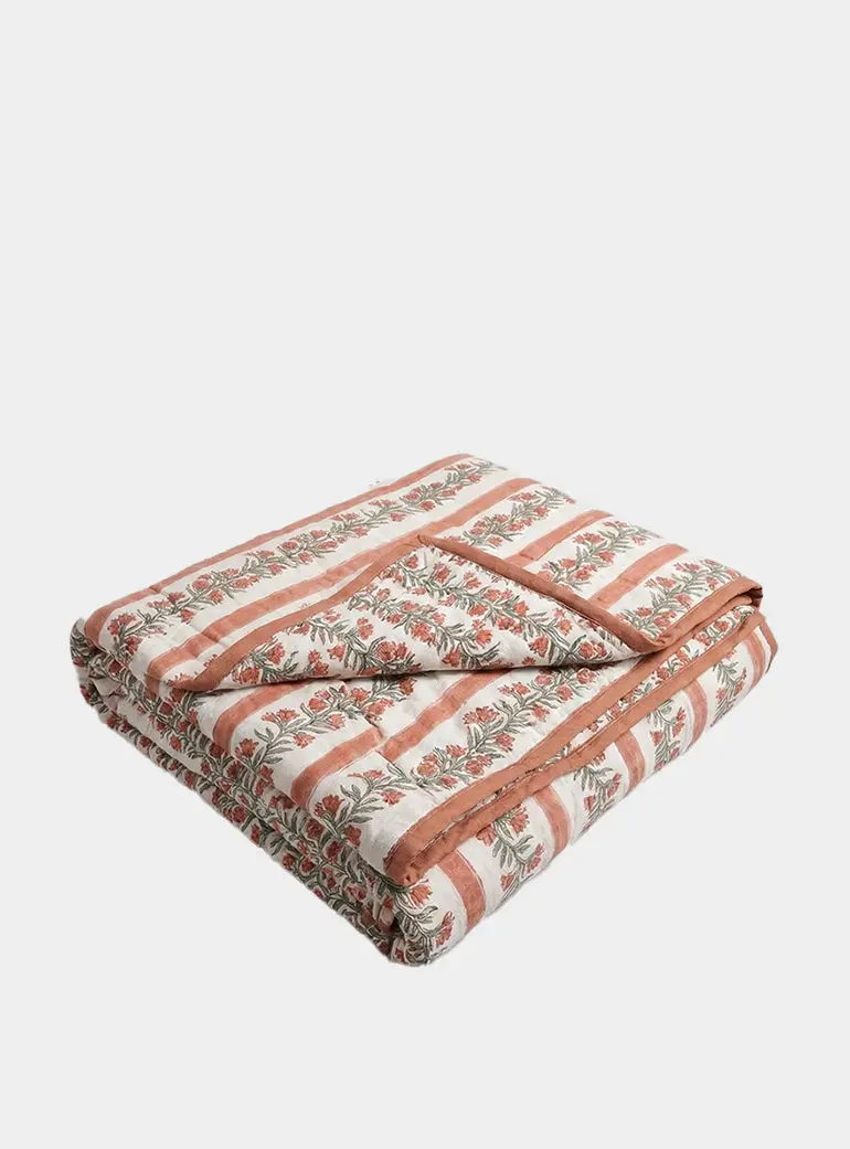 Terracotta Pink Floral Vine and Stripe Bed Quilt