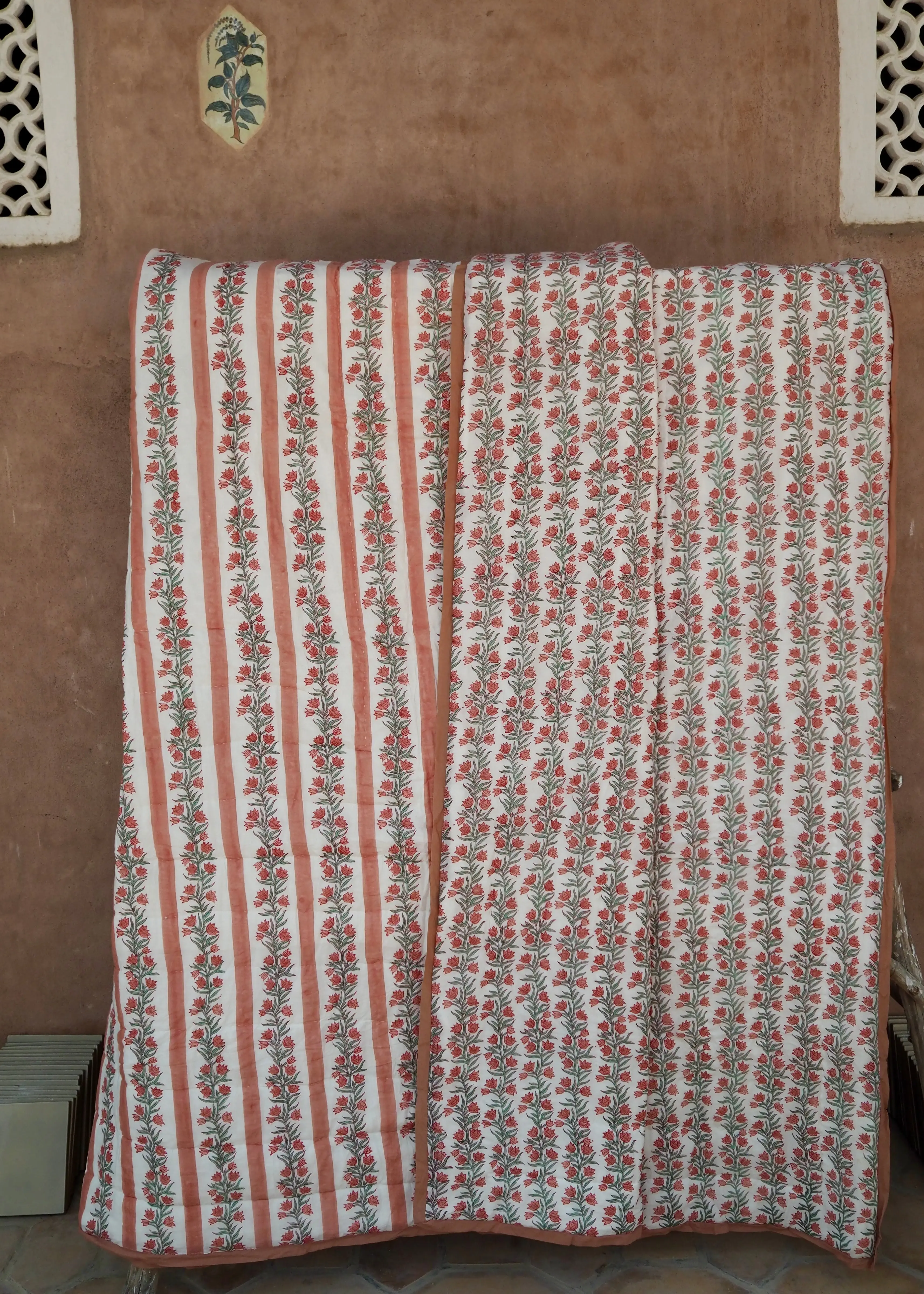 Terracotta Pink Floral Vine and Stripe Bed Quilt - Image 2