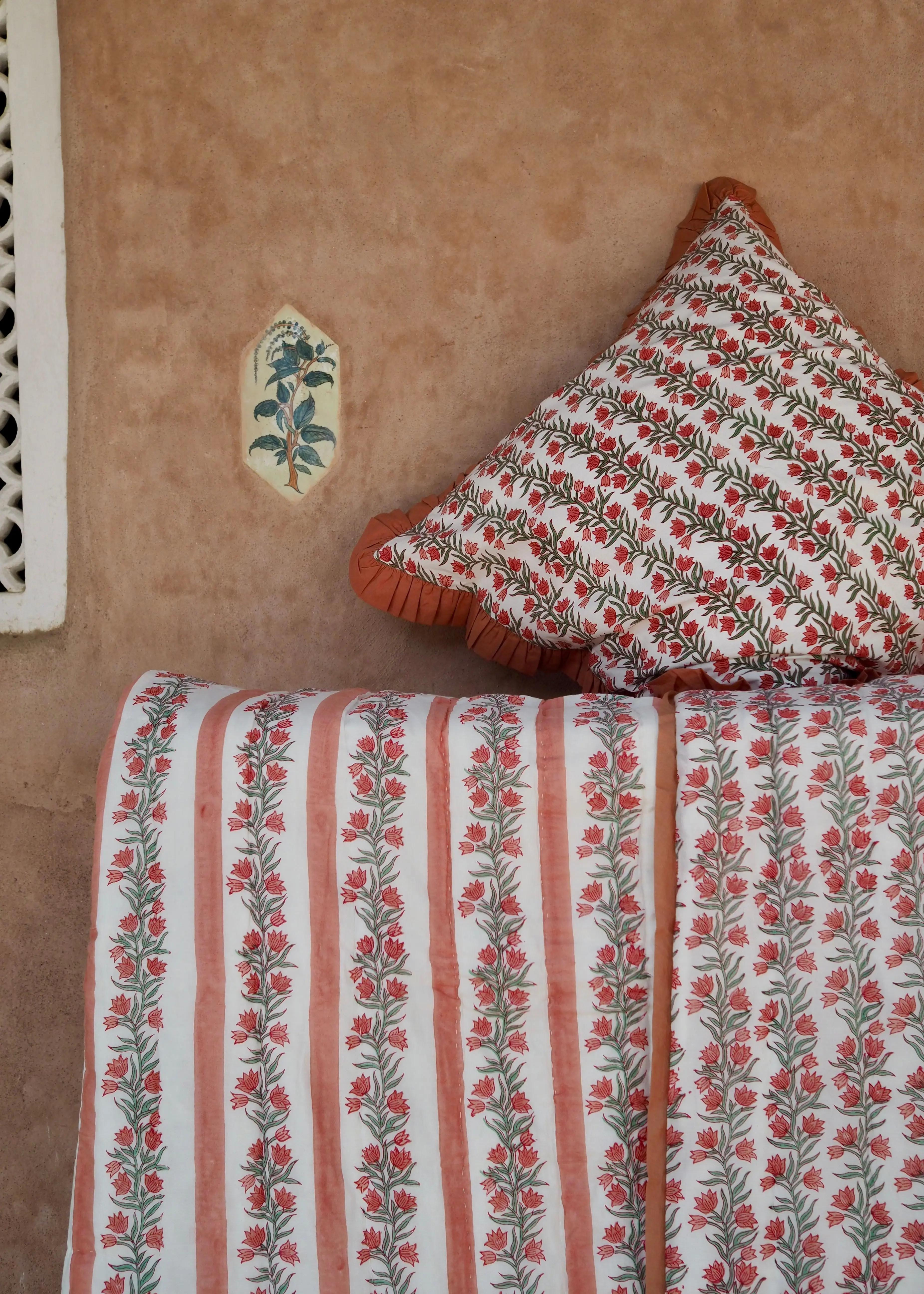 Terracotta Pink Floral Vine and Stripe Bed Quilt - Image 5