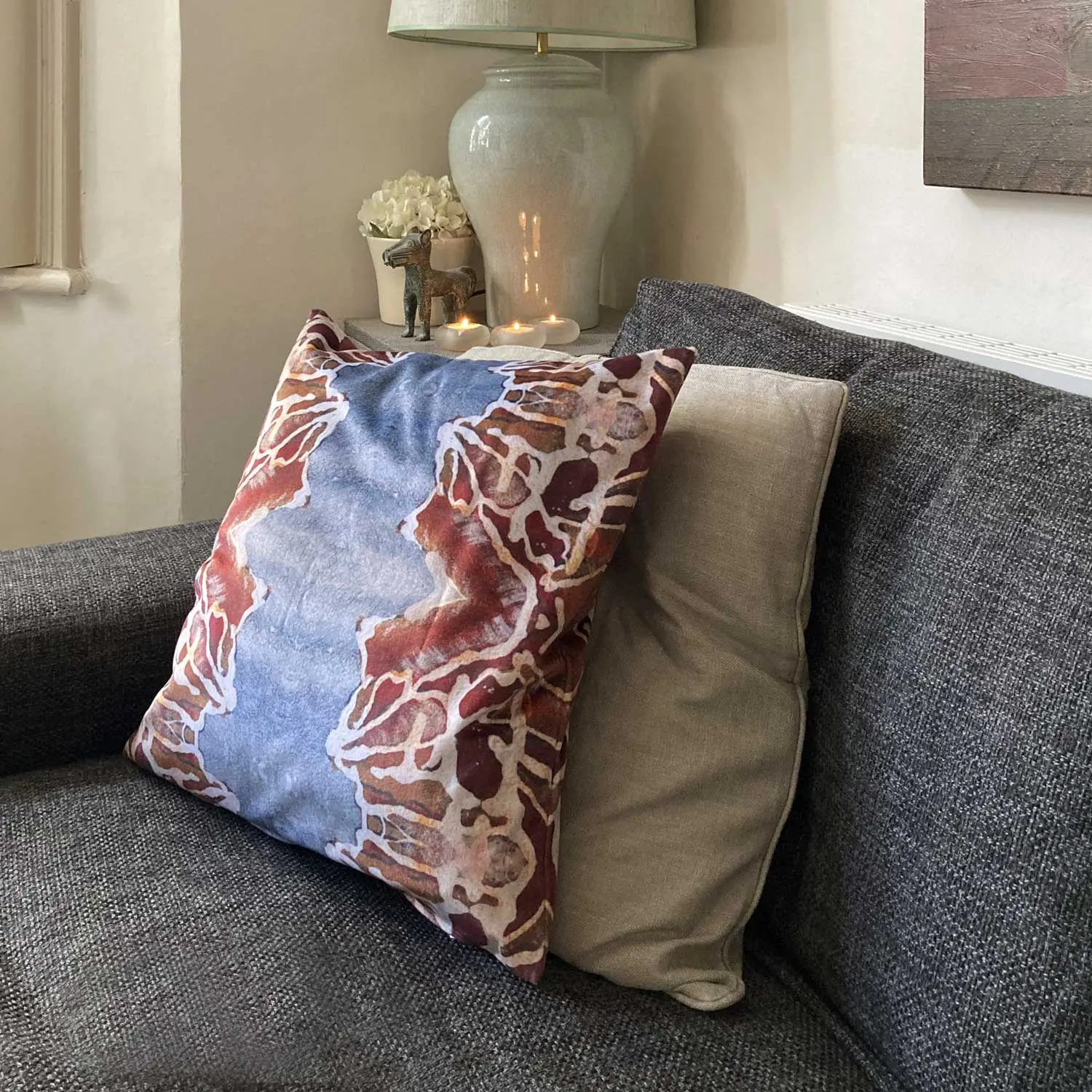 Velvet Cushion - Orange Blue Rose Detail - Image 2