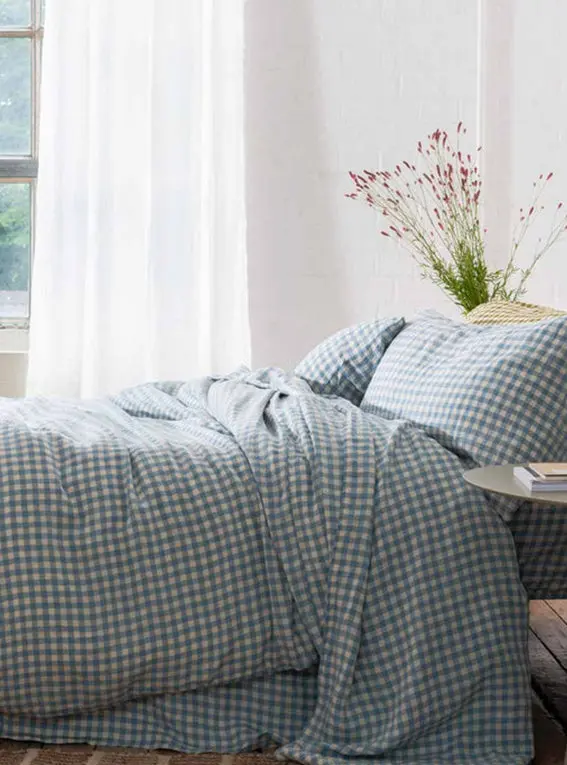 Warm Blue Gingham Linen & Cotton Blend Duvet Cover - Image 6