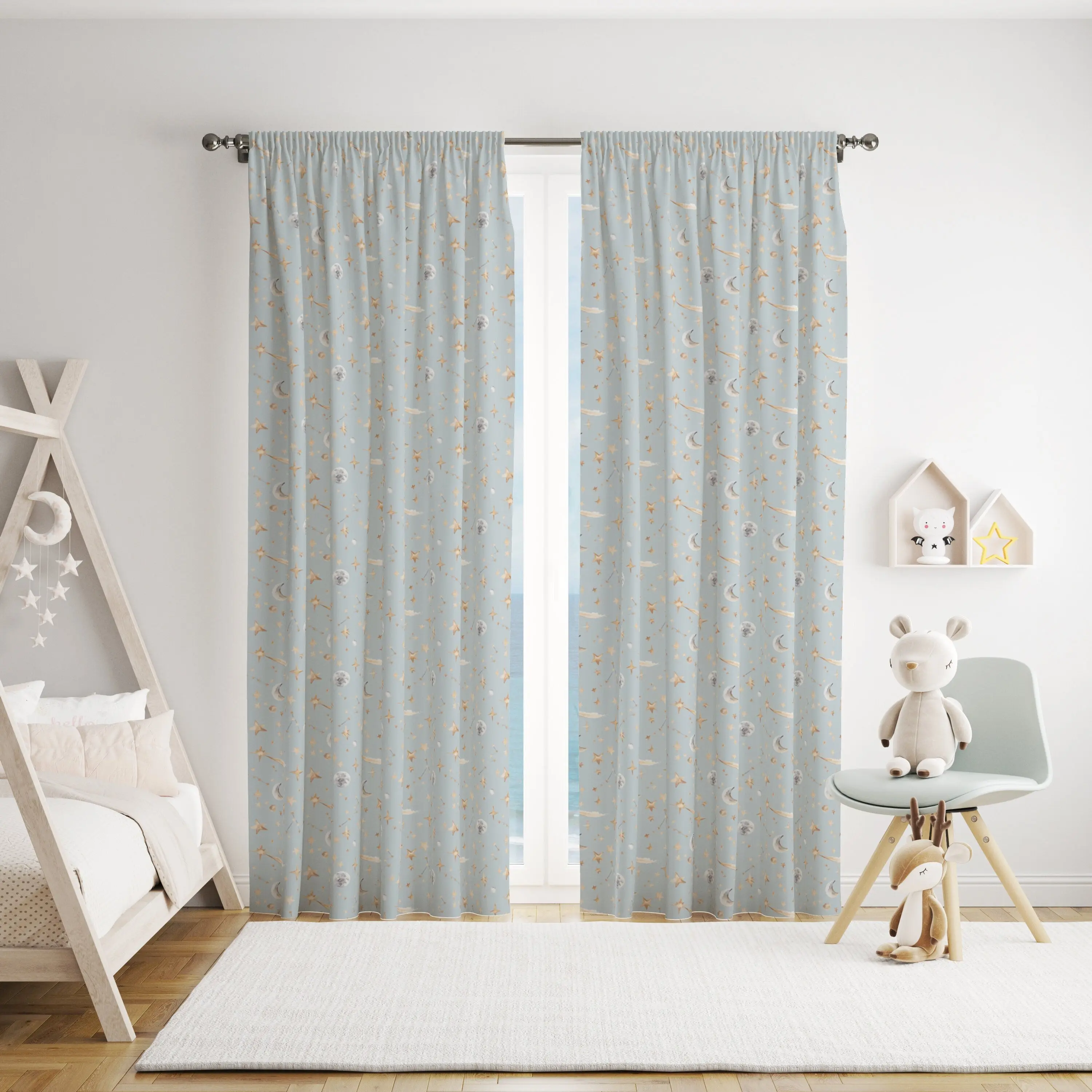 Watercolour Stars and Constellations Printed Cotton Curtain Fabric - Image 2