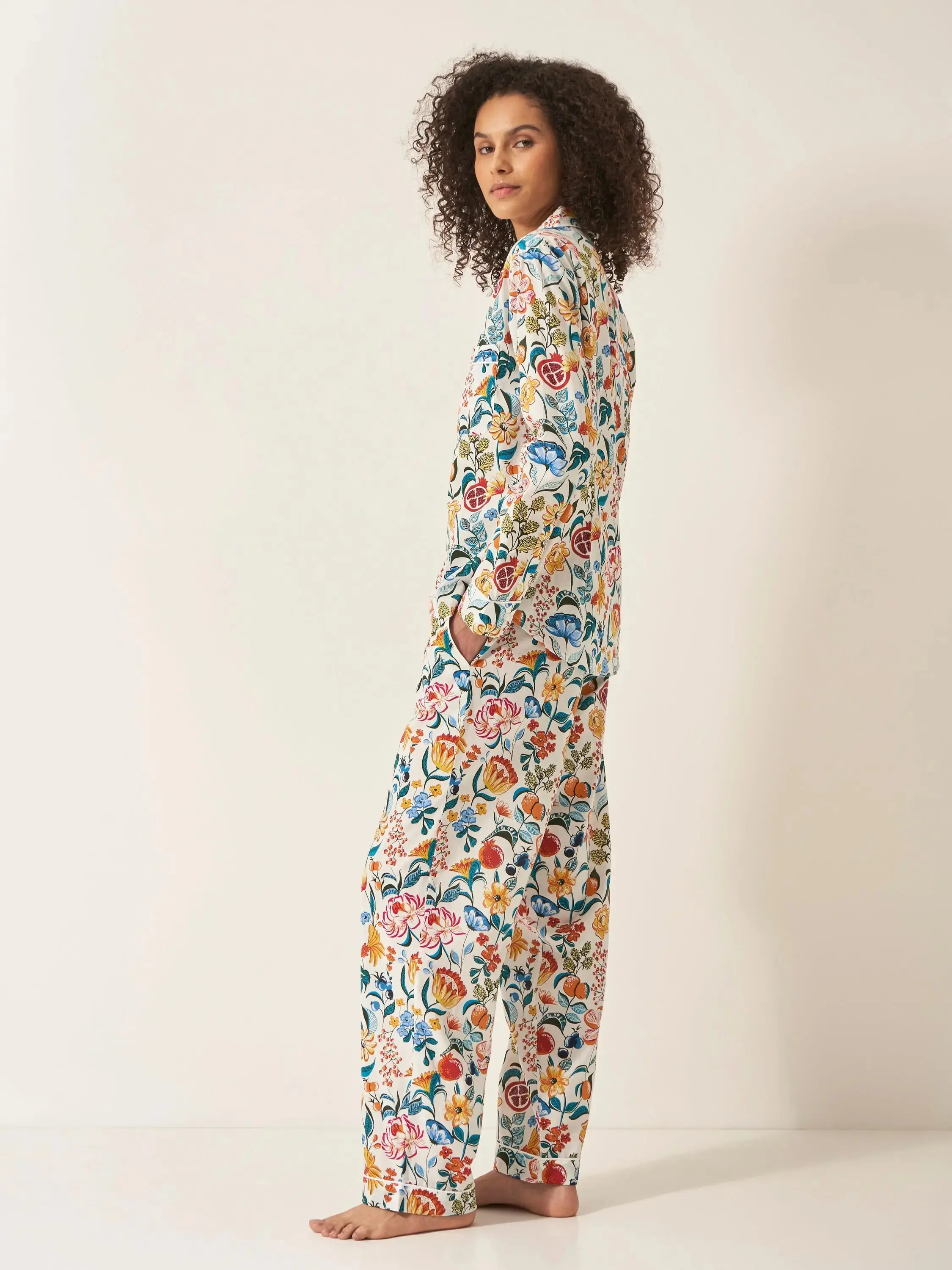 Florals on White Women's Long Sleeve Organic Cotton Pyjama Trouser Set - Image 4