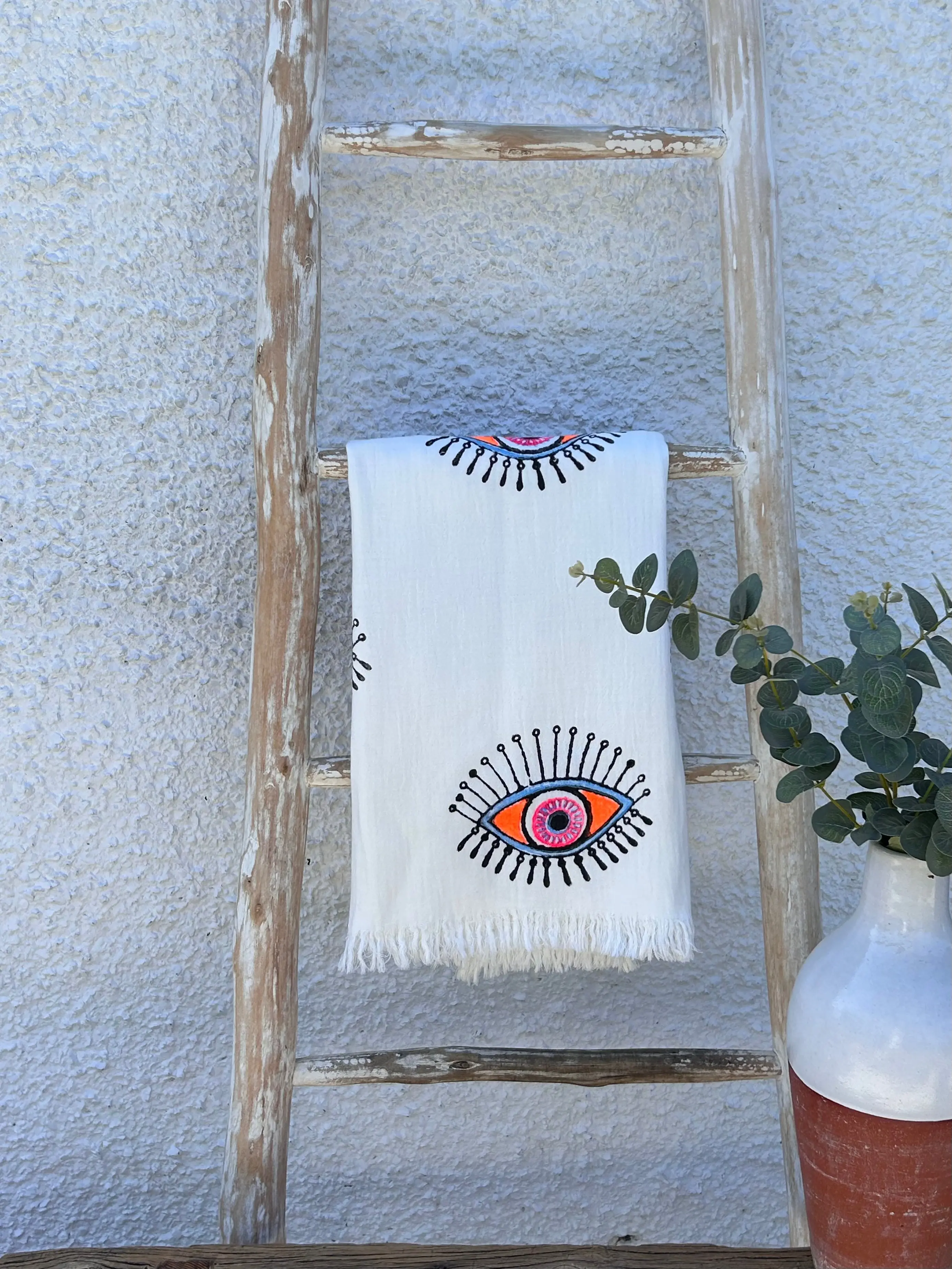 White with Orange Eye Organic Cotton Peshtemal Towel - Image 3