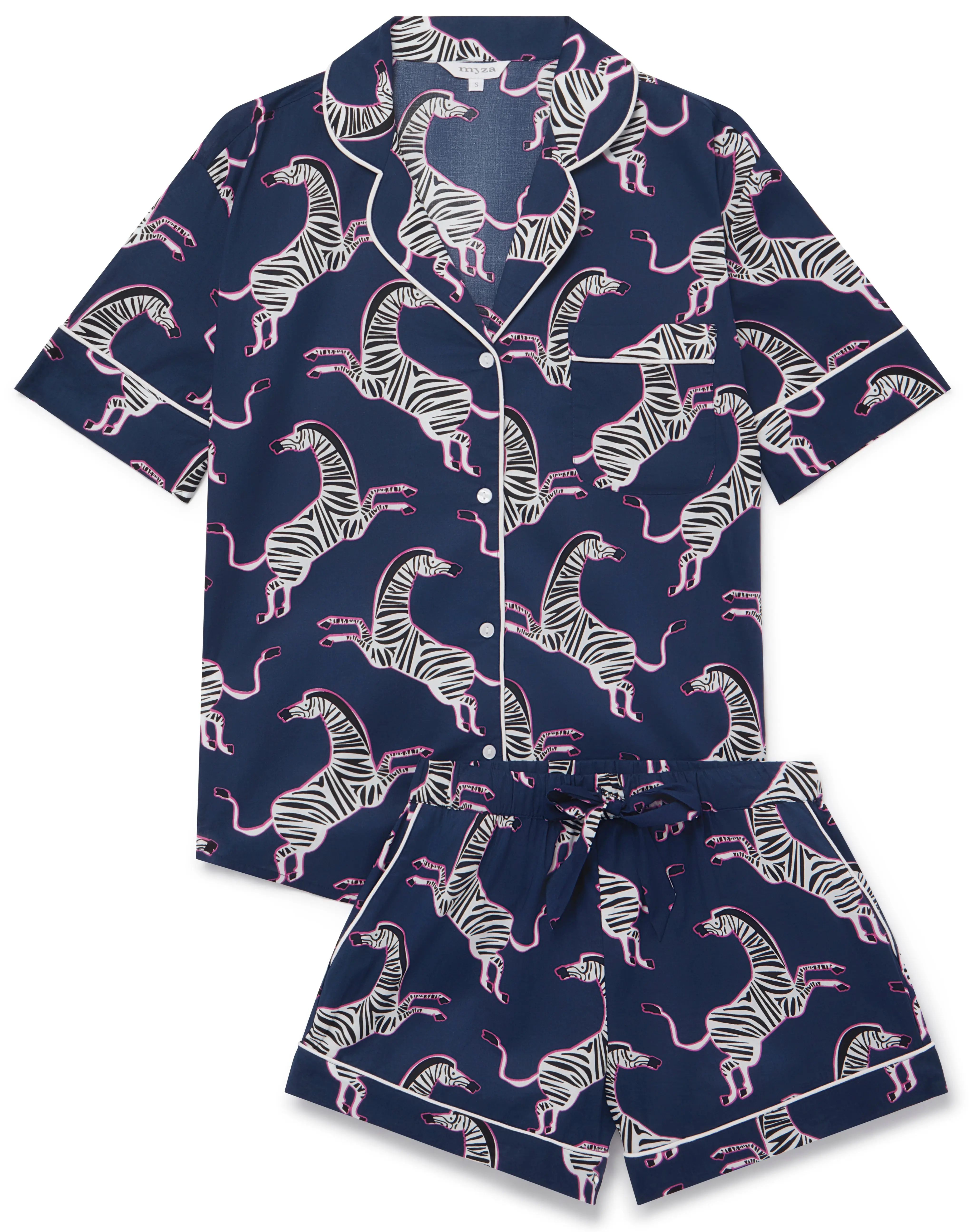 Pink Zebra on Navy Women's Short Sleeve Organic Cotton Pyjama Short Set - Image 4